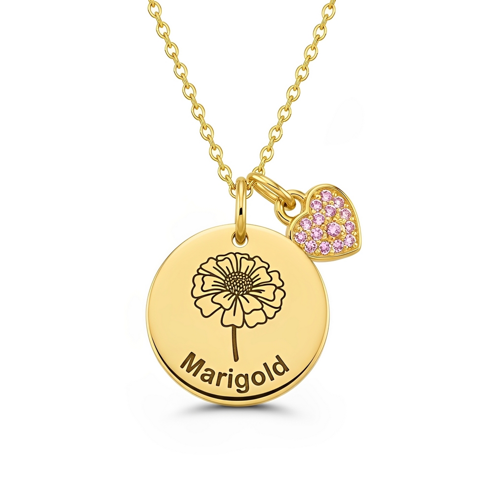 Custom Marigold Flower Necklace with Heart Charm – Personalized Birth Month Flower Pendant with Heart Charm – Stunning Custom Birth Month Flower Birthstone Charm Necklace for Any Occasion