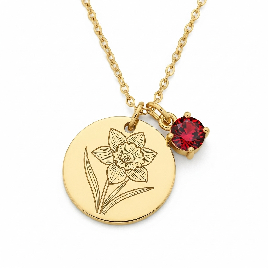 Custom Birth Month Flower Birthstone Charm Necklace – Personalized Daffodil Flower Gold Pendant with April Birthstone Red Garnet