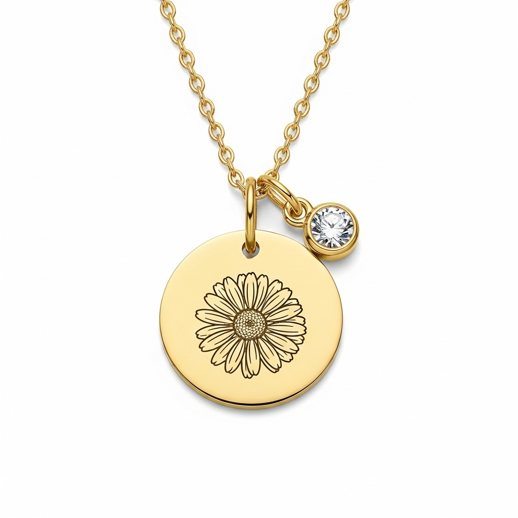 Custom Birth Month Flower Necklace – Daisy Charm Birthstone Necklace in Gold – Personalized Flower Charm Necklace Gift for Her