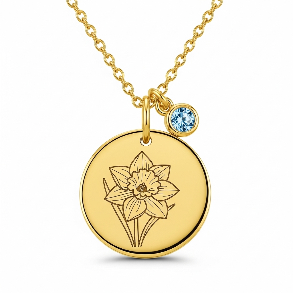 Custom Birth Month Flower Birthstone Charm Necklace - Daffodil Flower Gold Pendant with Aquamarine Stone - Personalized Floral Birthstone Necklace for March
