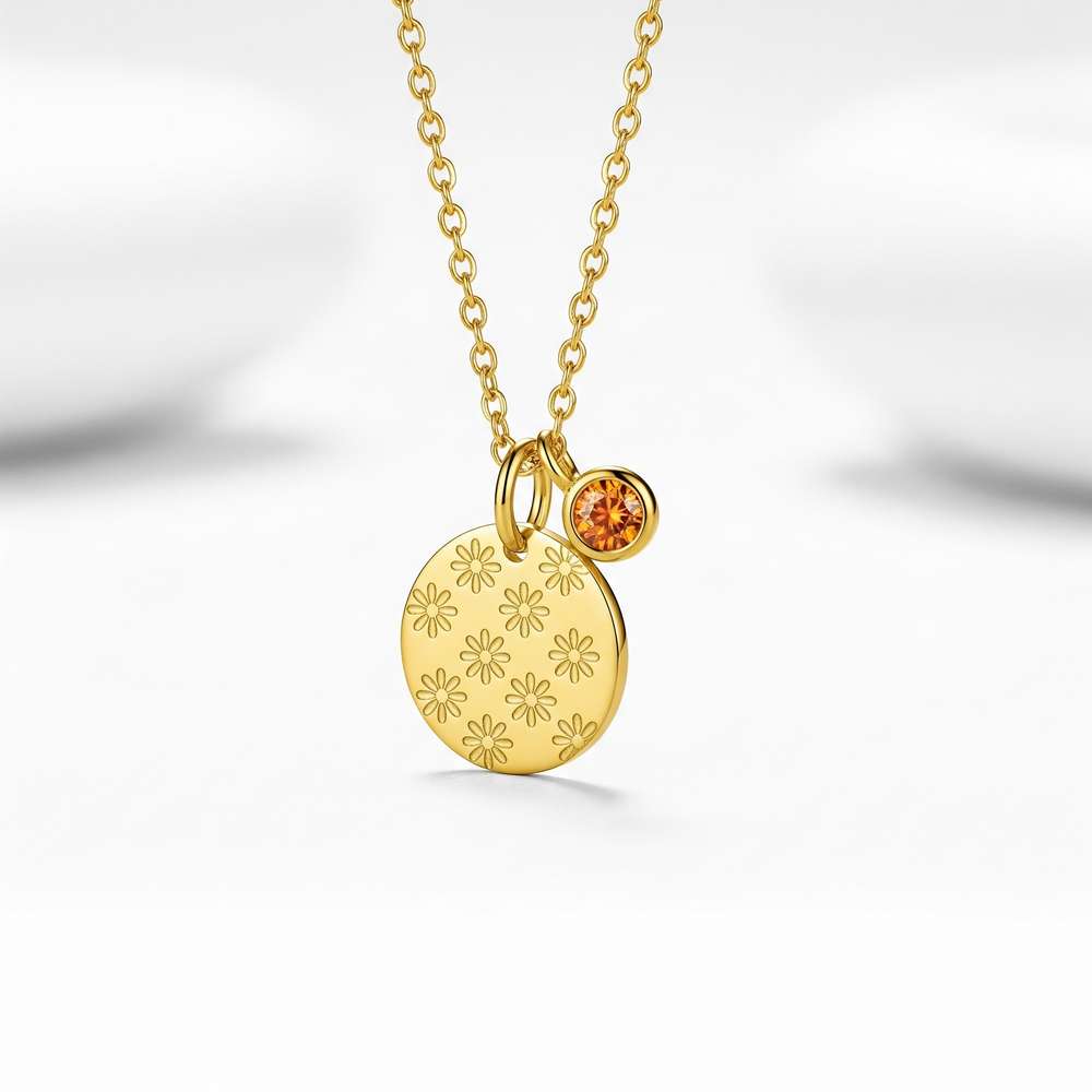 Custom Birth Month Flower Birthstone Charm Necklace – Gold Daisy Pendant Necklace with Orange Gemstone – Personalized Floral Charm Necklace for Women
