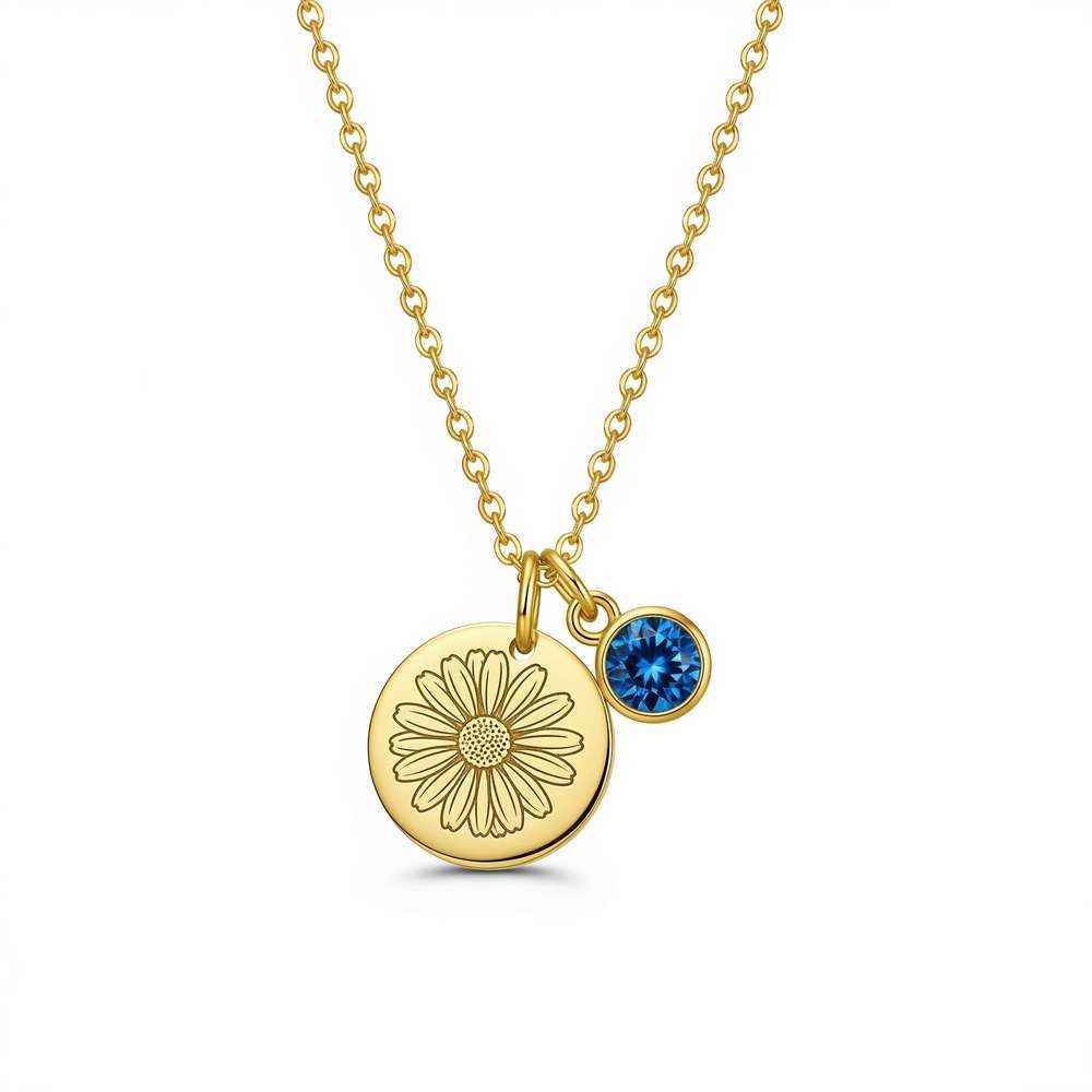 Elegant Daisy Birthstone Necklace – Custom Birth Month Flower Necklace with Personalized Birthstone Charm Necklace Detail