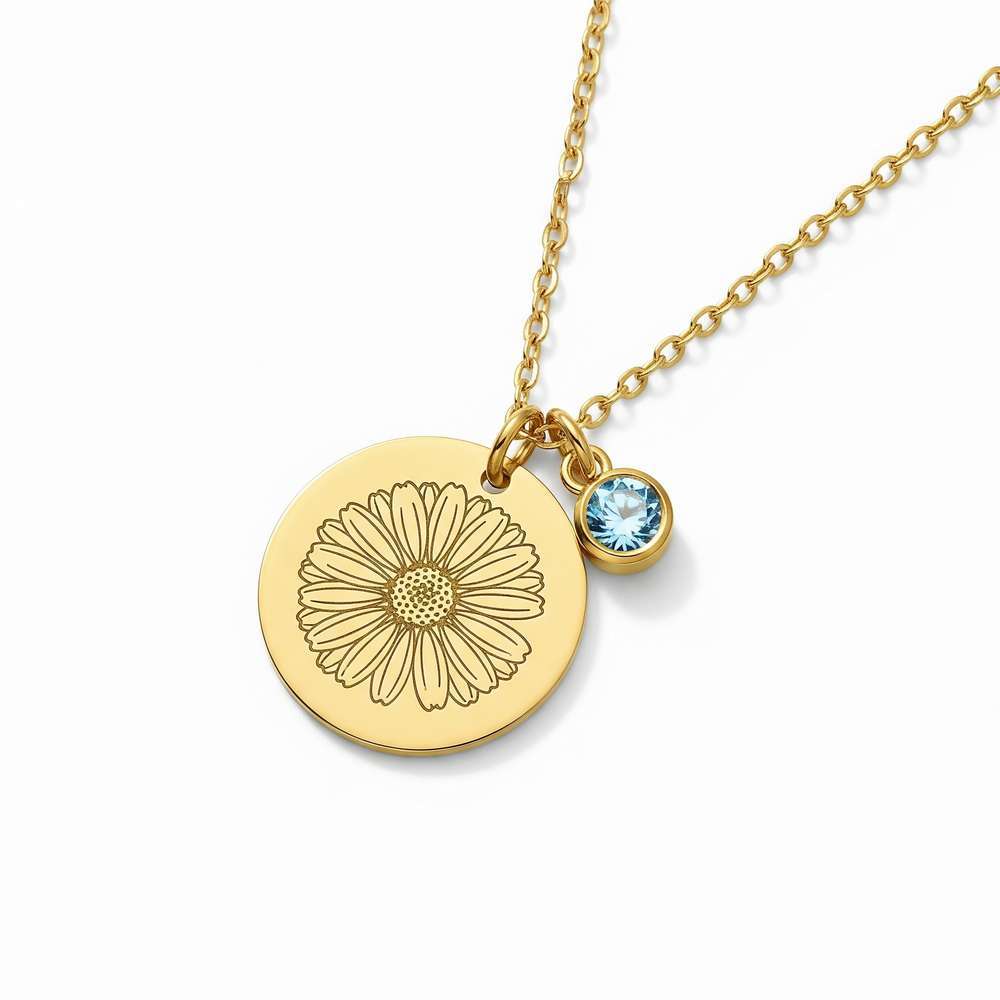 Custom Birth Month Flower Birthstone Charm Necklace - Daisy Flower Gold Pendant Necklace with Blue Birthstone