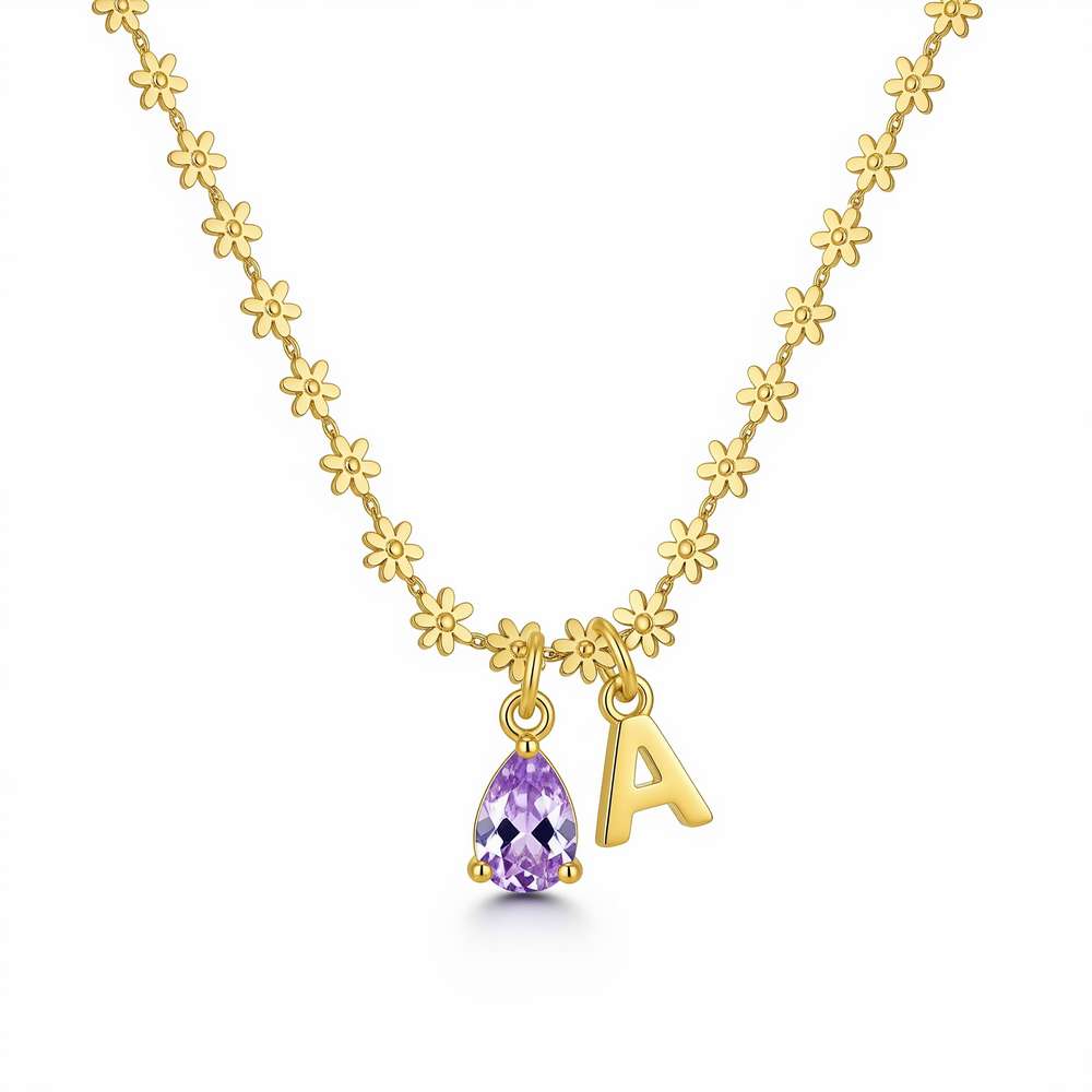Custom Birth Month Flower Birthstone Charm Necklace – Gold Daisy Chain Initial Birthstone Necklace – Personalized Floral Letter Gemstone Pendant