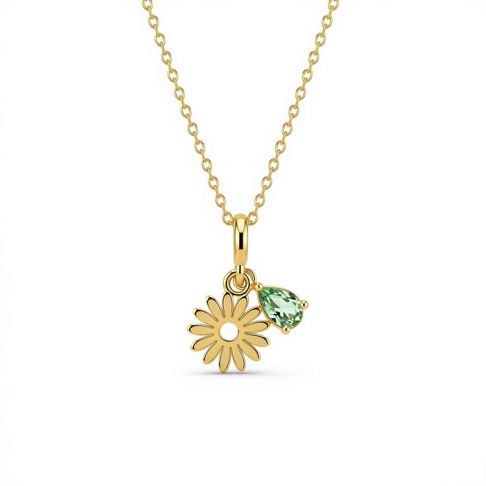 Custom Birth Month Flower Birthstone Charm Necklace - Gold Daisy Pendant with Green Gemstone, Personalized Floral Charm Necklace for Women