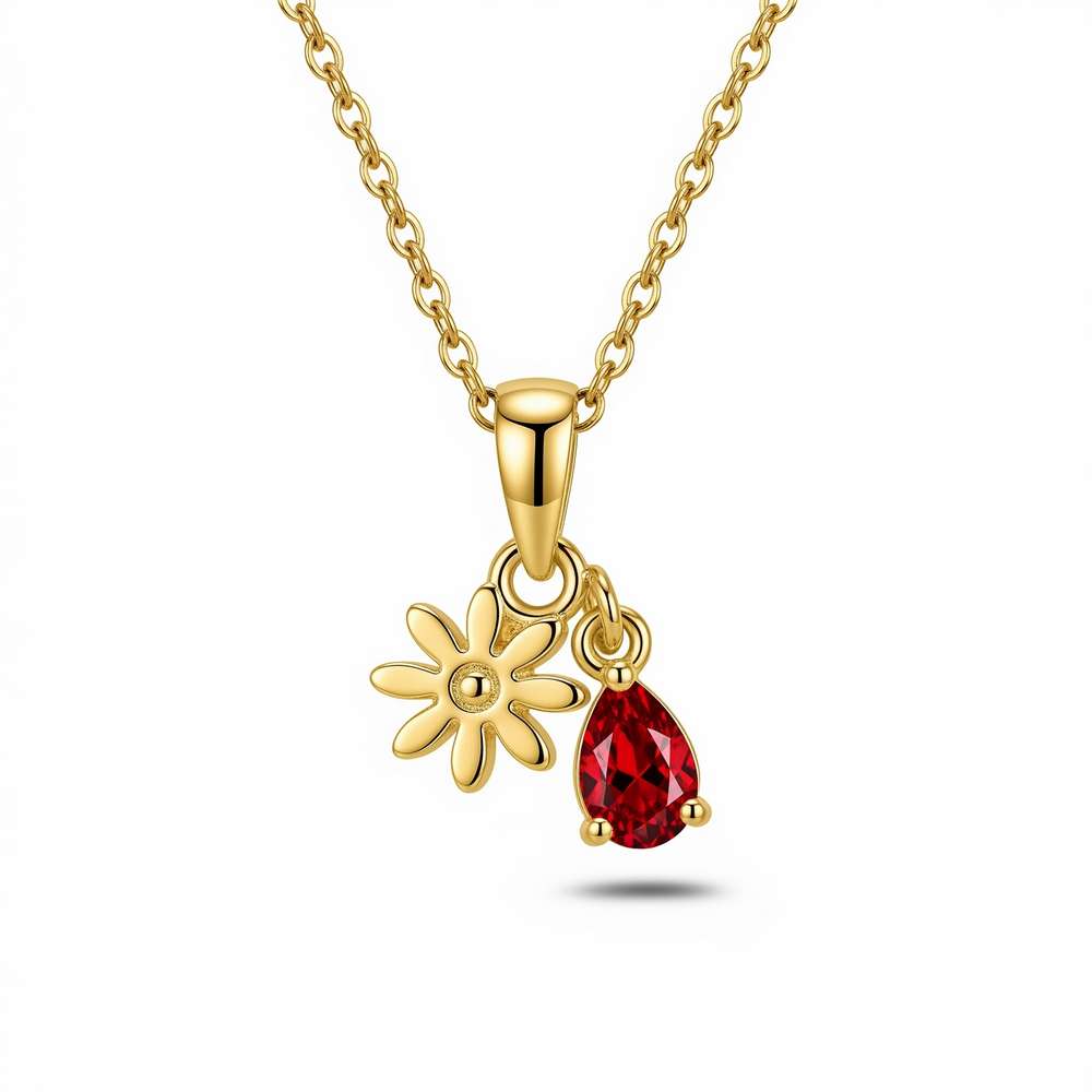 Custom Birthstone Charm Necklace with Gold Flower Pendant and Red Gemstone Charm