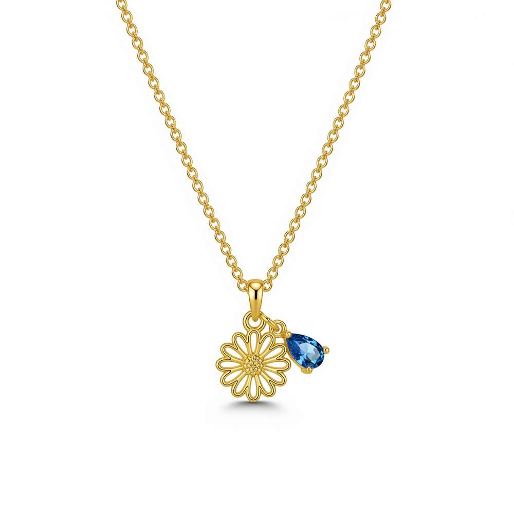 Elegant Custom Birthstone Charm Necklace – Gold Flower Charm Necklace with Personalized Birthstone Jewelry Detail