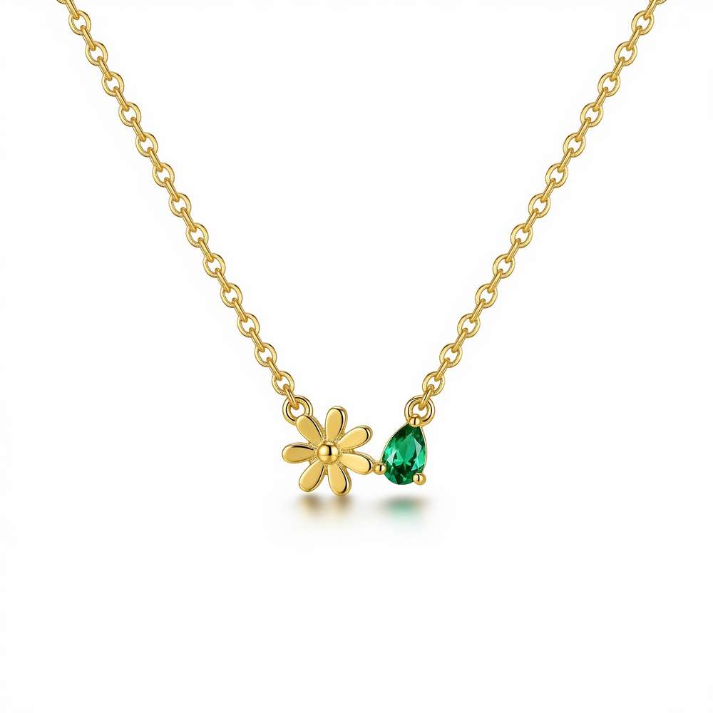 Custom Birthstone Flower Necklace - Personalized Green Gemstone Birthstone Flower Charm Necklace