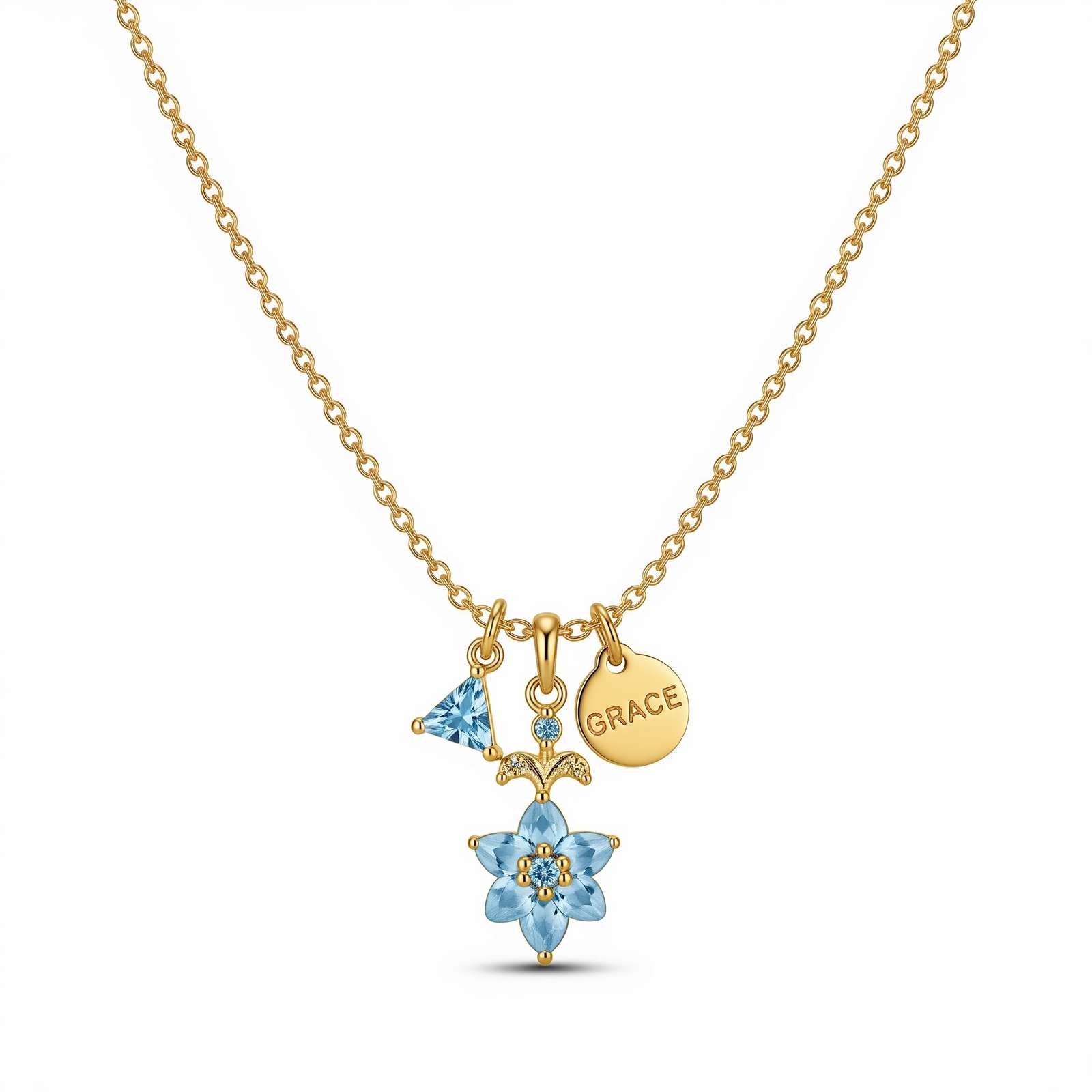 Custom Birth Month Flower Birthstone Charm Necklace – Personalized Blue Gemstone Floral Pendant with Grace Tag – Elegant Gold Flower Charm Name Necklace