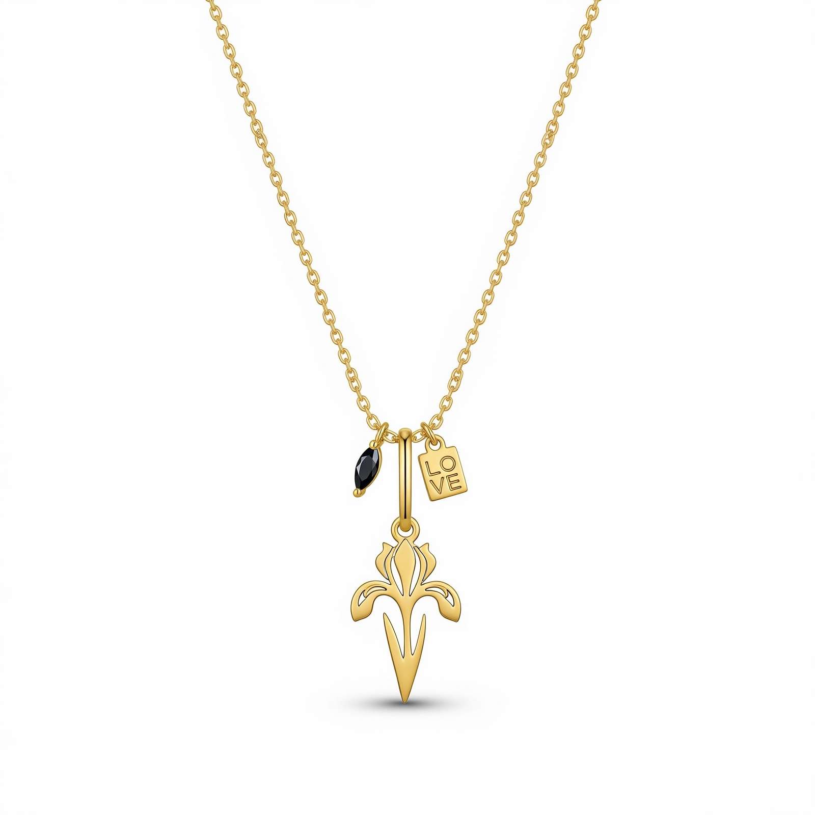 Custom Birth Month Flower Birthstone Charm Necklace – Gold Love Charm Necklace for Women with Fleur de Lis Pendant and Black Gemstone Detail