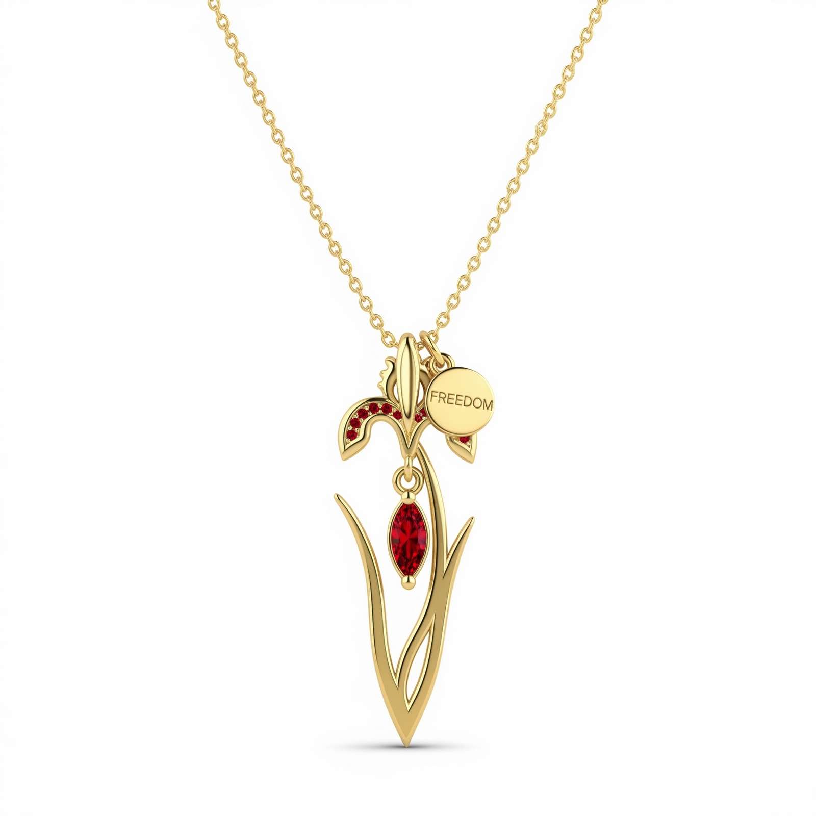 Custom Birth Month Flower Birthstone Charm Necklace – Gold Flower Birthstone Pendant with Freedom Tag – Personalized Ruby Floral Necklace for July Birthday