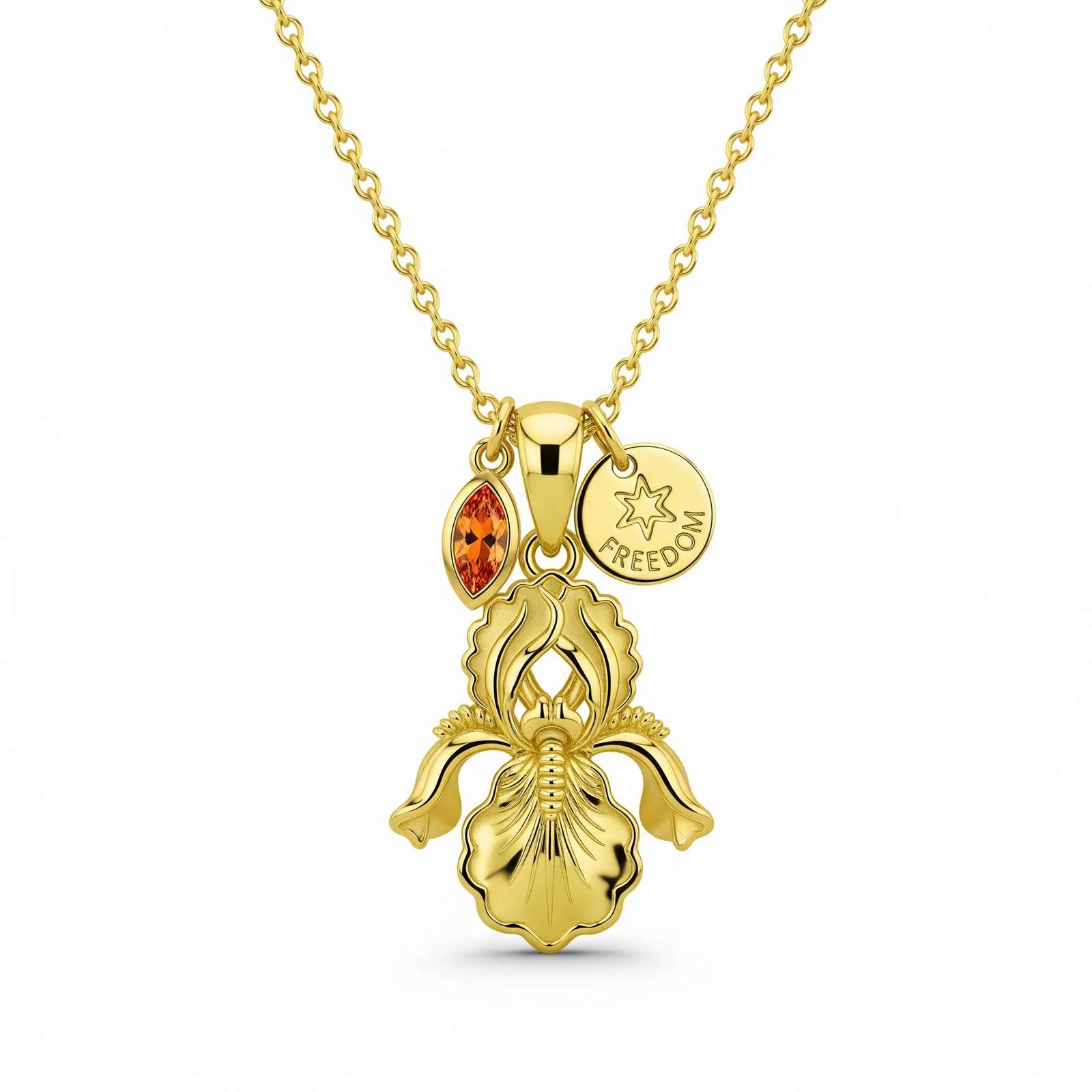 Custom Birth Flower Birthstone Necklace with Gold Orchid Charm Pendant – Personalized Freedom Flower Necklace for Elegant Expression