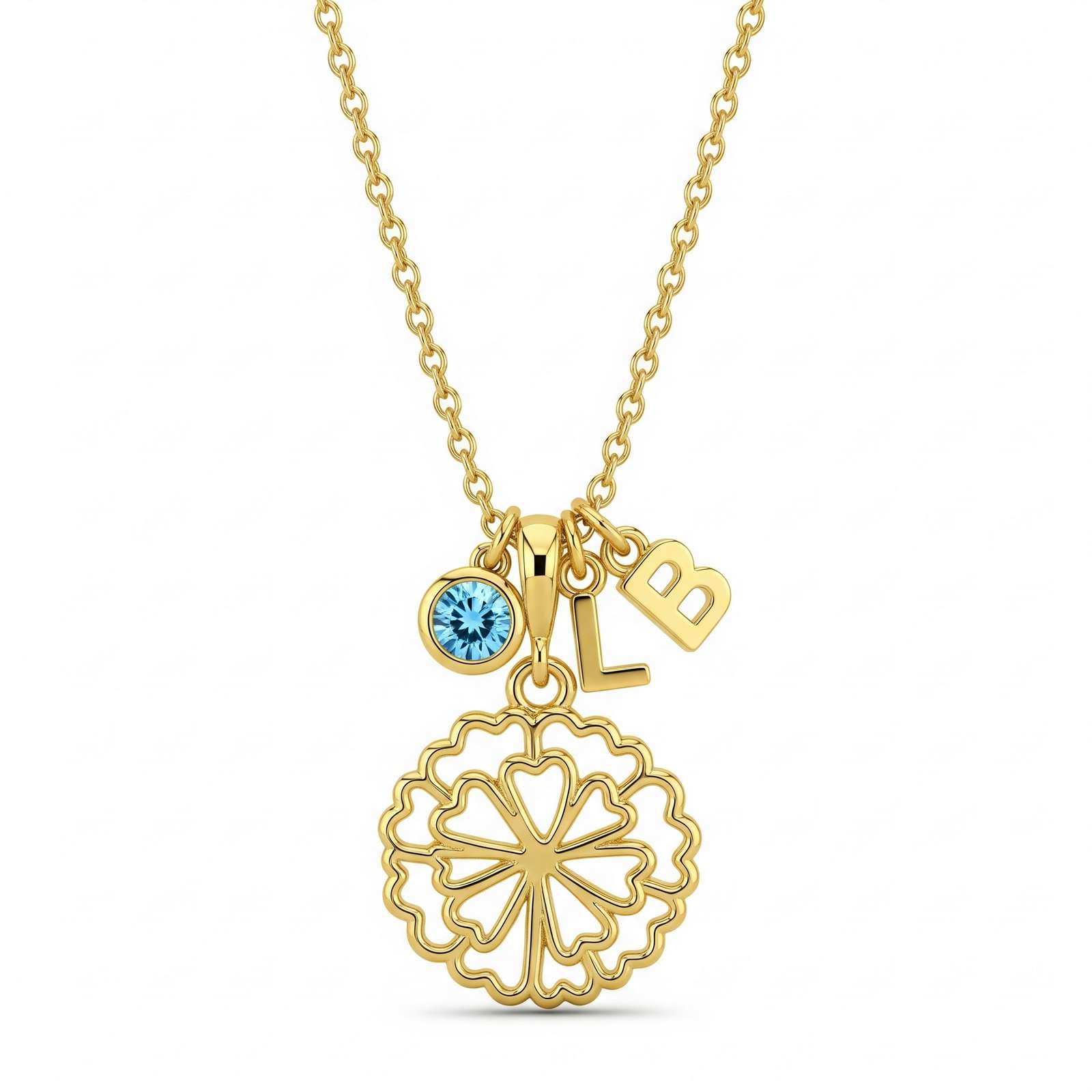 Custom Birth Flower Birthstone Necklace – Gold Clover Initial Charm Necklace – Personalized Lucky Charm Pendant Gift for Her
