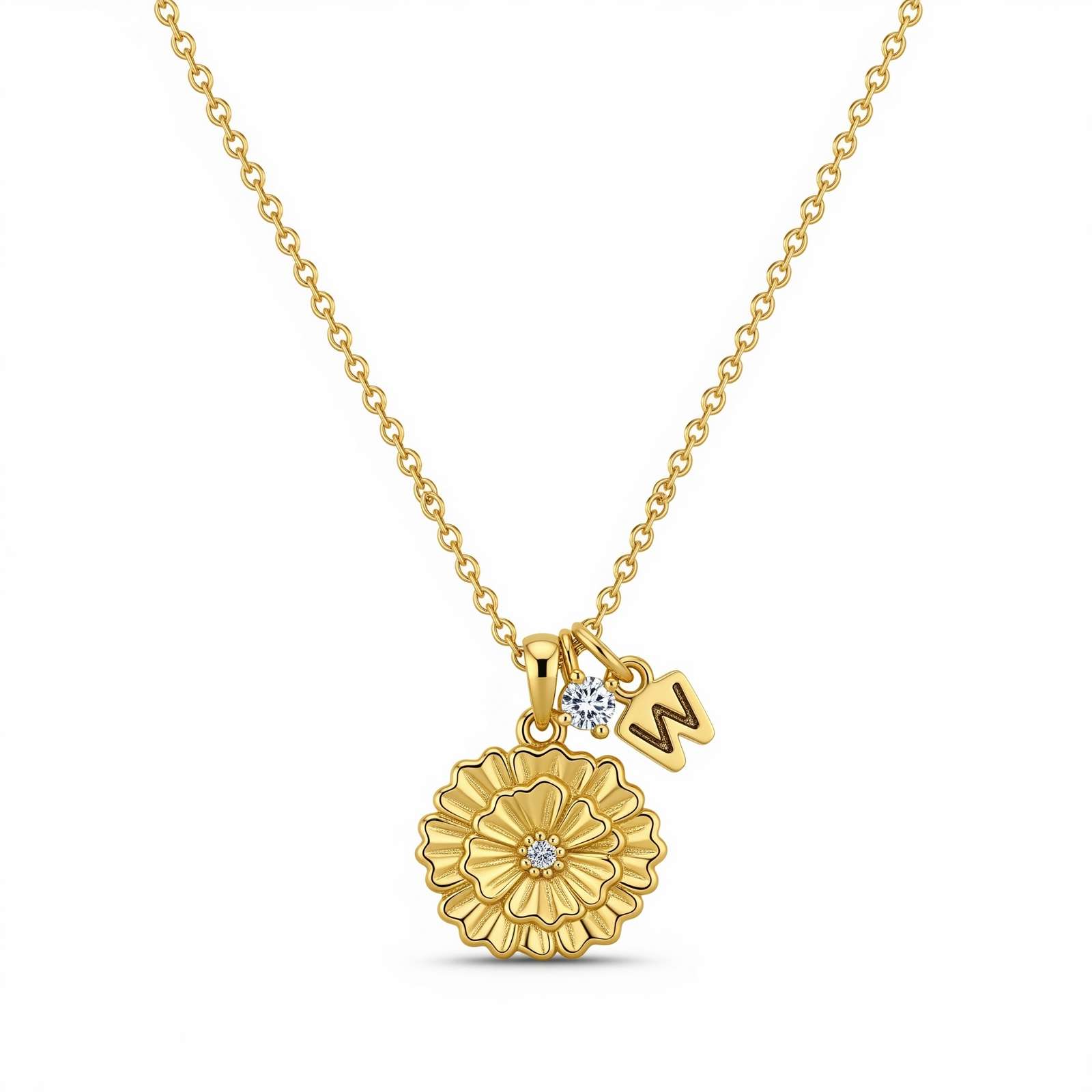 Custom Birth Month Flower Birthstone Charm Necklace – Gold Flower Initial Necklace with Diamond – Personalized Floral Pendant with Letter Charm