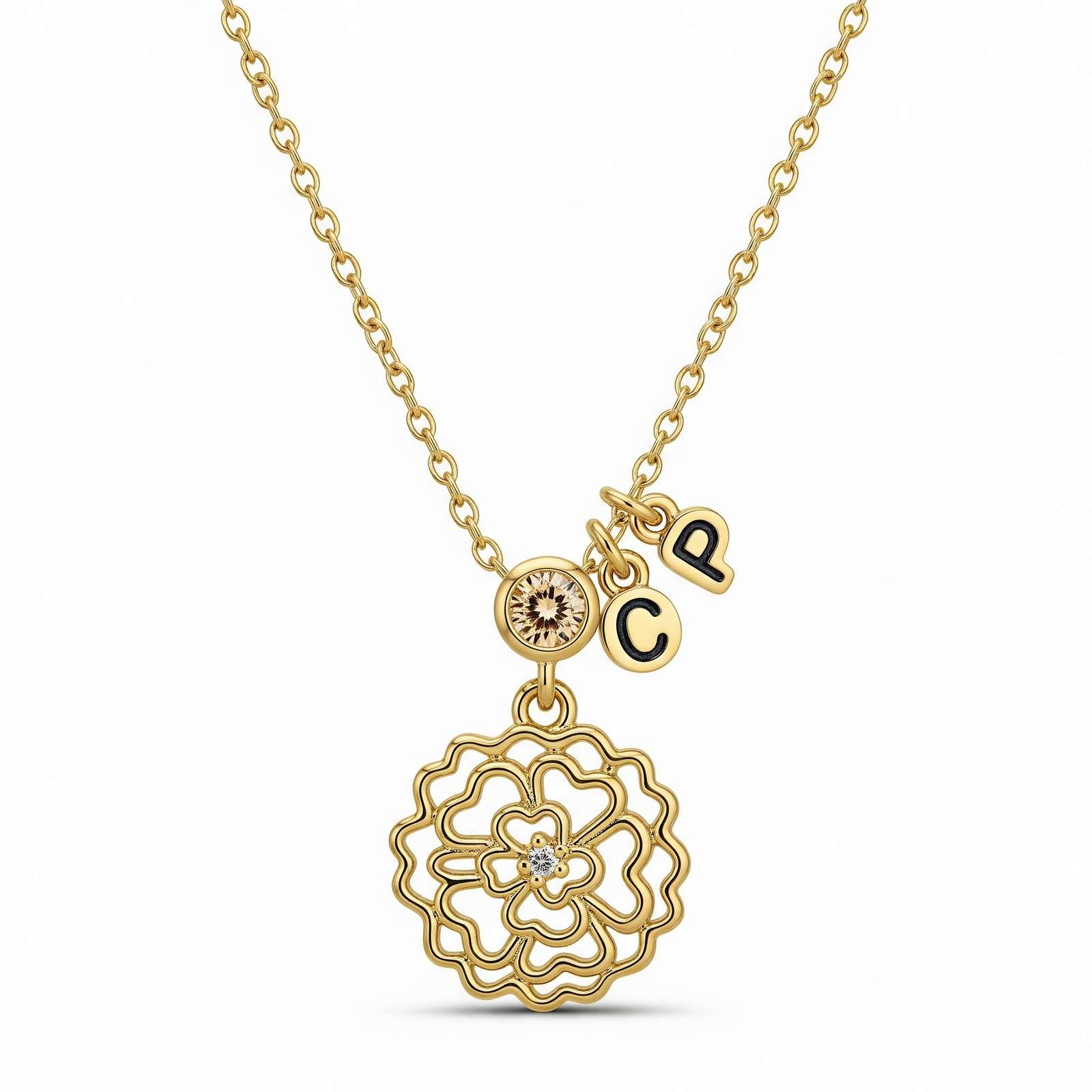 Personalized Floral Pendant Necklace with Birthstone – Custom Birth Flower Charm Necklace and Gold Flower Initial Necklace with Birthstone