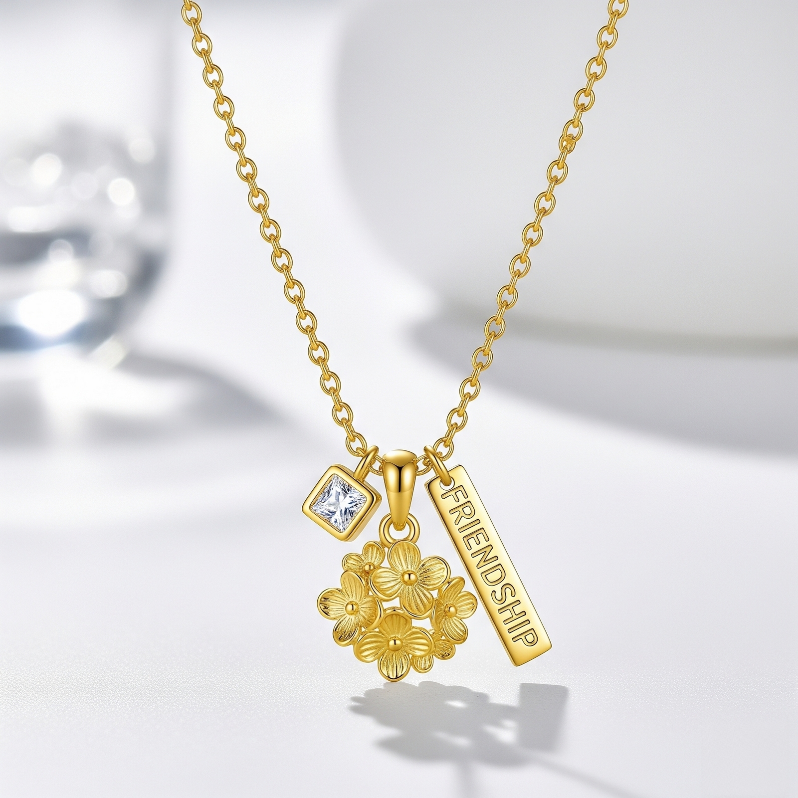 Custom Birth Month Flower Birthstone Charm Necklace – Gold Friendship Charm Necklace for Women – Personalized Floral Pendant with Cubic Zirconia Elegance