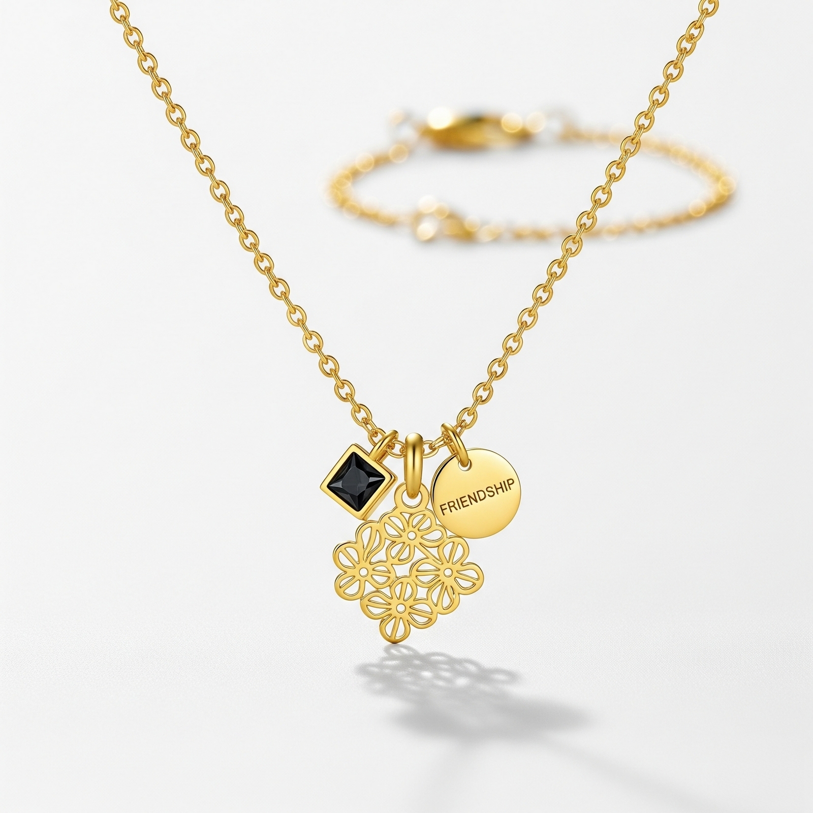 Custom Birth Month Flower Birthstone Charm Necklace – Gold Friendship Charm Necklace for Women – Personalized Floral Pendant with Gemstone Charm