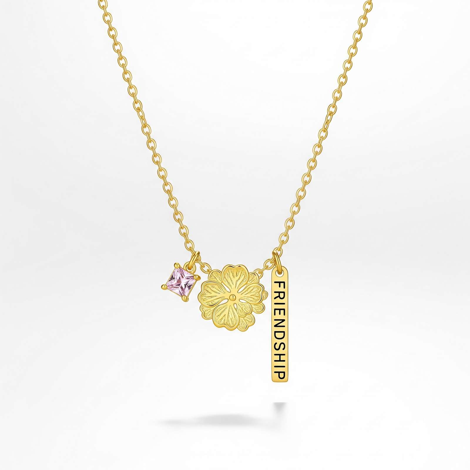 Gold Friendship Flower Birthstone Charm Necklace – Personalized Pink Crystal Friendship Necklace & Dedicate Women's Gift Custom Birth Flower Necklace