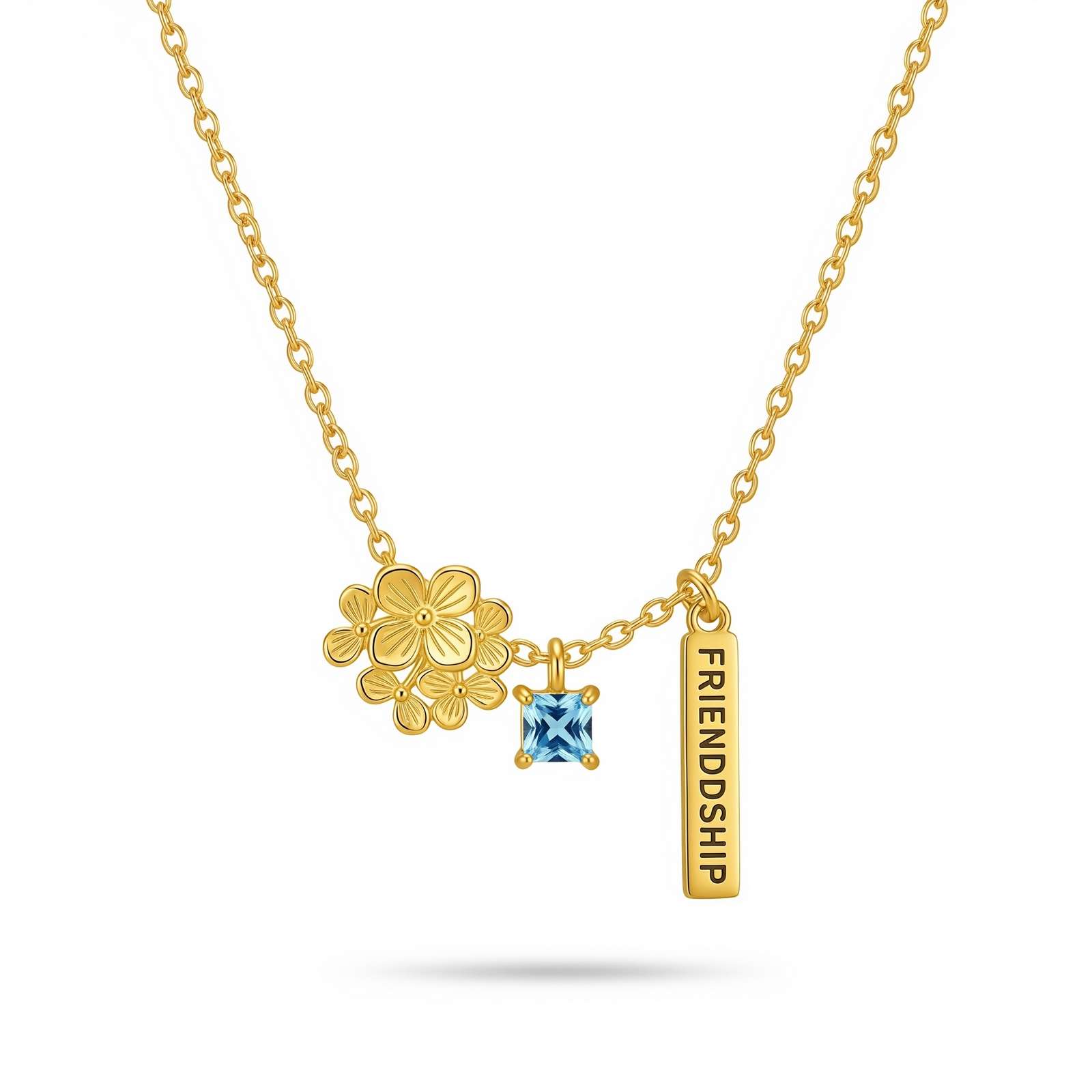 Dedicate Women's Gift Custom Birth Month Flower Birthstone Charm Necklace – Gold Friendship Necklace with Blue Topaz Charm – Personalized Floral Charm Necklace for Best Friend
