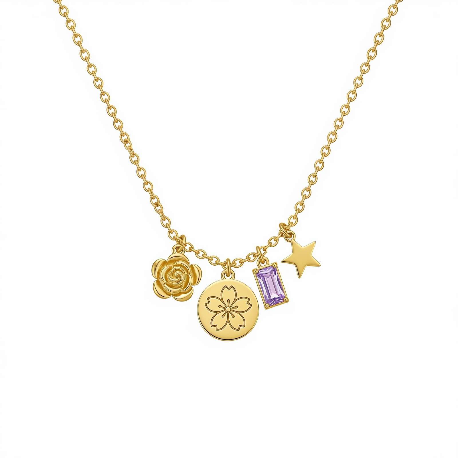 Personalized Gold Flower Charm Necklace with Birth Month Flower and Birthstone, Custom Star Pendant for Women