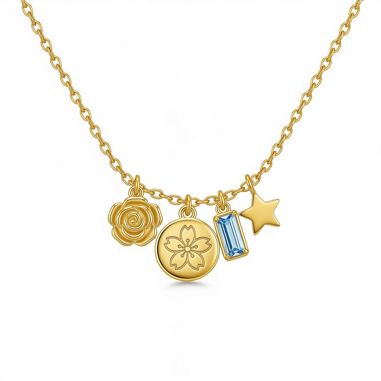 Dedicate Women's Gift Custom Birth Flower Necklace - Gold Charm Birthstone Necklace for Her - Personalized Floral Star Pendant Necklace