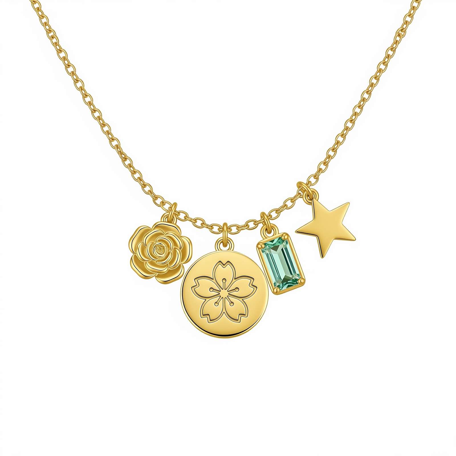 Dedicate Women's Gift Custom Birth Month Flower Charm Necklace – Gold Charm Necklace with Birthstone and Floral Pendant – Personalized Floral Star Gemstone Pendant Necklace
