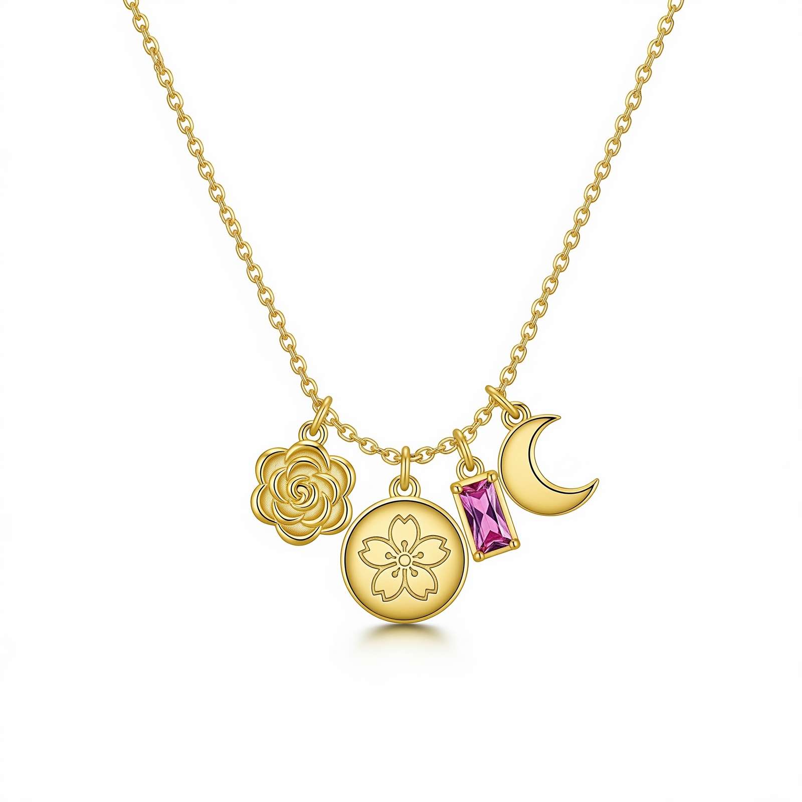 Dedicated Women's Gift Birth Month Flower Charm Necklace, Gold Charm Necklace with Moon Flower Gemstone, Personalized Gold Necklace with Pink Birthstone Charms – A Meaningful, Elegant Statement Piece for Every Occasion