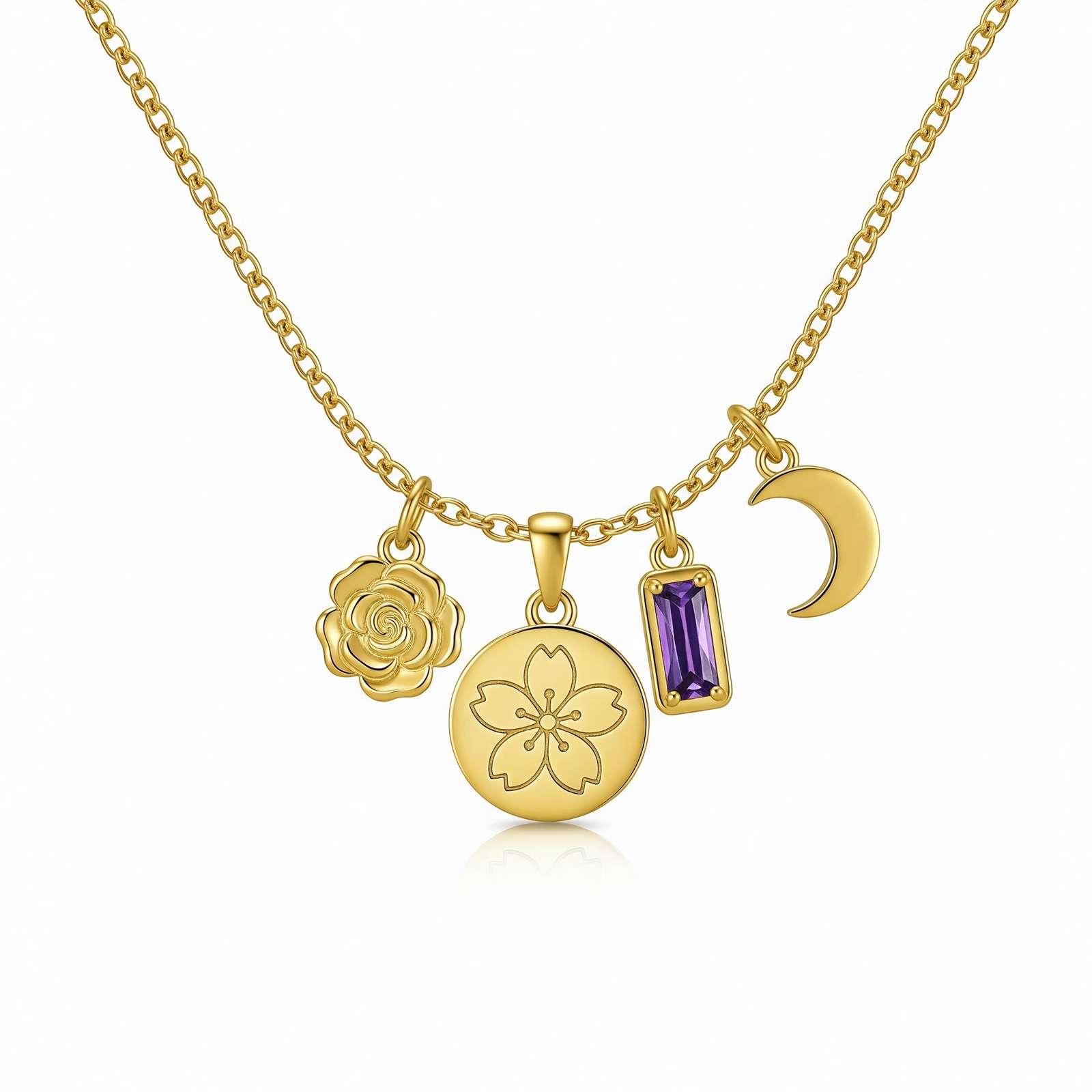 Personalized Birth Month Flower Necklace with Birthstone Charm - Gold Moon & Floral Pendant, Dedicative Women's Gift Custom Charm Necklace