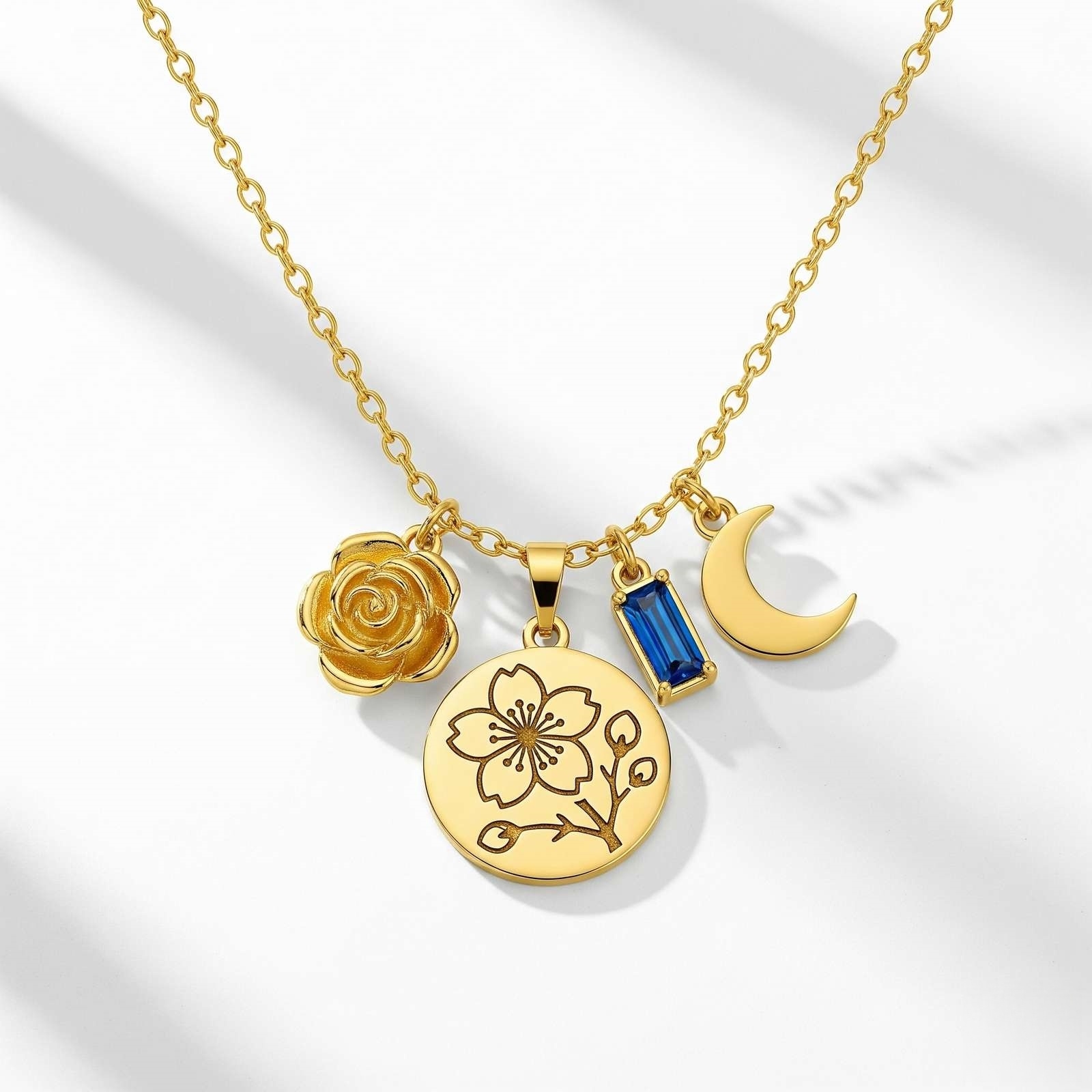 Dedicated Women's Gift Custom Birth Month Flower Necklace – Gold Charm Moon Flower Pendant Necklace with Personalized Birthstone Floral Charm Necklace Detail