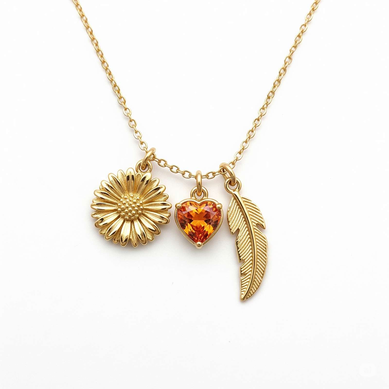 Dedicate Women's Gift Custom Birthstone Flower Charm Necklace – Gold Daisy Heart Feather Necklace – Personalized July Birth Month Jewelry