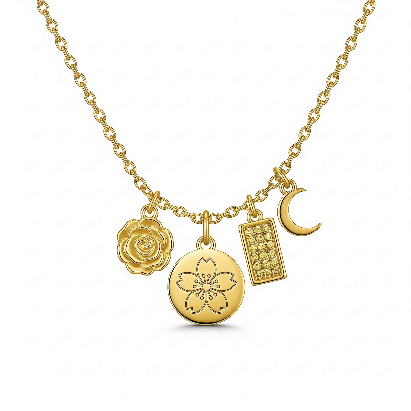Gold Charm Necklace with Moon and Flower Pendants – Personalized Birth Month Floral Pendant Necklace – Dedicate Women's Gift Custom Birth Flower Charm Necklace