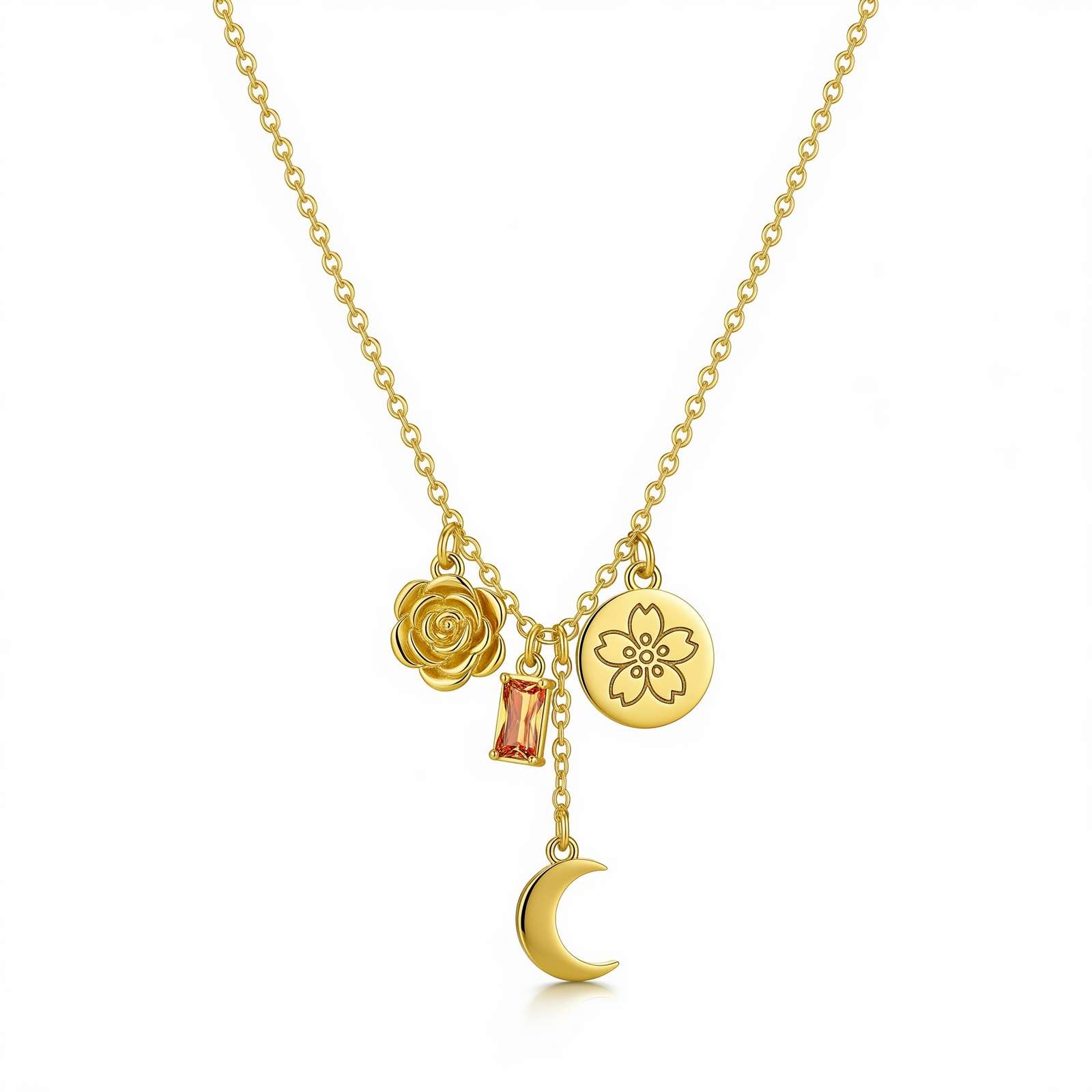 Dedicate Women's Gift Custom Birth Flower Necklace – Gold Charm Moon Pendant Birthstone Necklace – Personalized Floral Crescent Necklace for Elegant Everyday Style