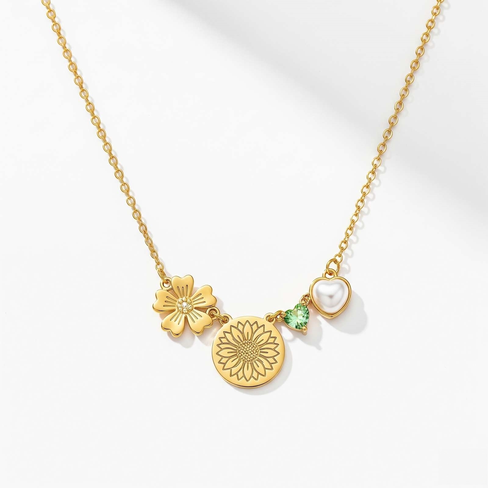 Dedicate Women's Gift Custom Birth Month Flower Birthstone Charm Necklace – Sunflower Flower Pendant Gold Necklace with Personalized Green Heart Pearl Charm Jewelry