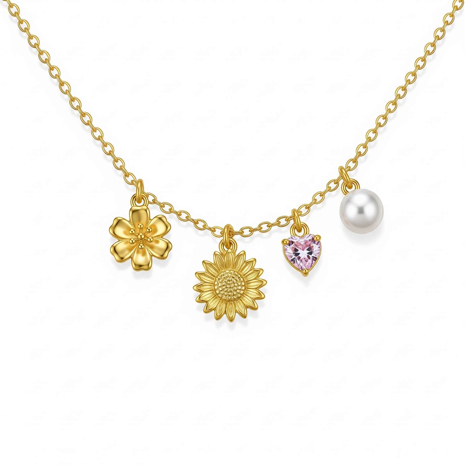 Dedicate women's gift custom birth month flower charm necklace, gold sunflower pink heart pearl charm necklace, personalized floral charm necklace for her