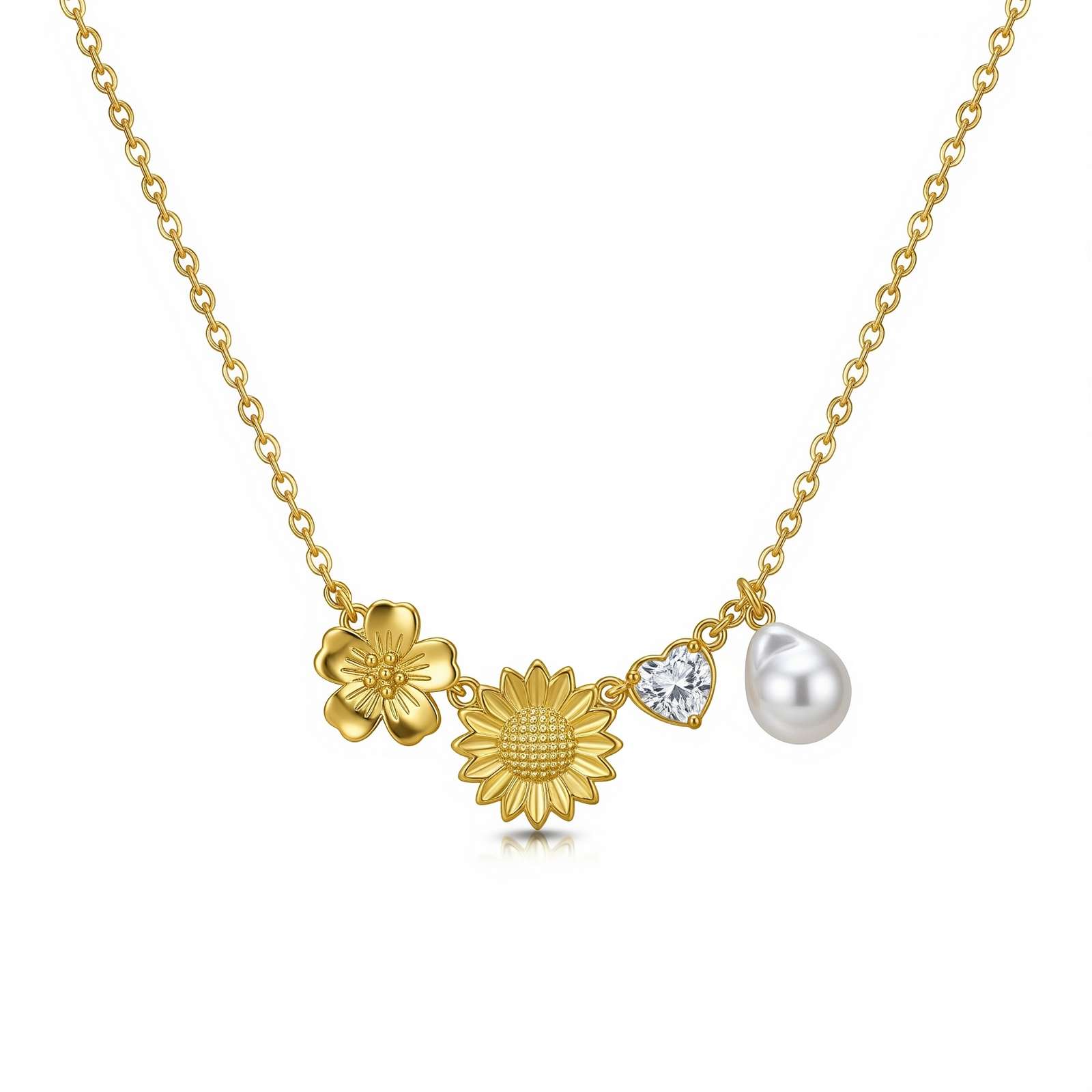 Personalized Gold Sunflower Pearl Heart Charm Necklace - Custom Birth Month Flower Birthstone Charm Necklace for Women