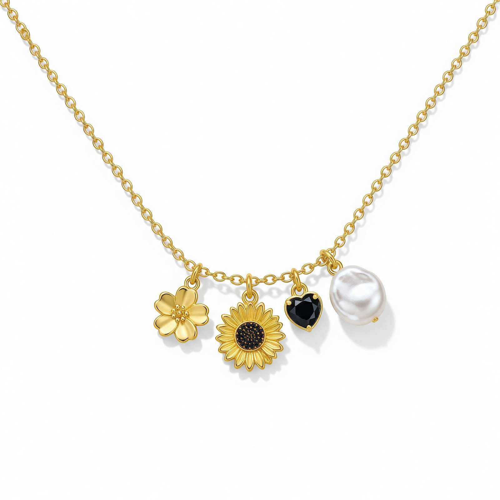 Custom Birth Flower Necklace – Gold Charm Necklace with Pearl and Sunflower Black Heart Pendant Jewelry for Elegant, Personalized Style