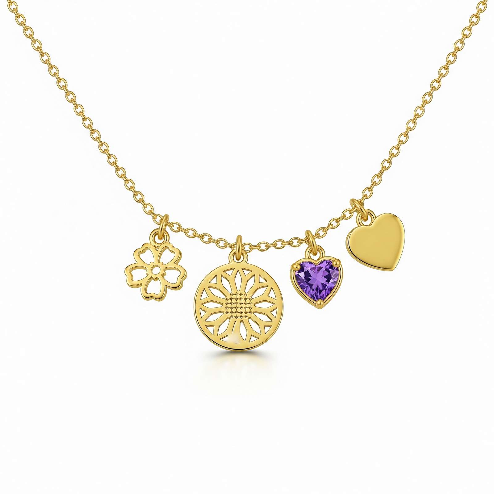 Dedicate women's gift custom birth month flower birthstone charm necklace – gold charm necklace with heart and flower pendants – personalized birthstone floral pendant necklace