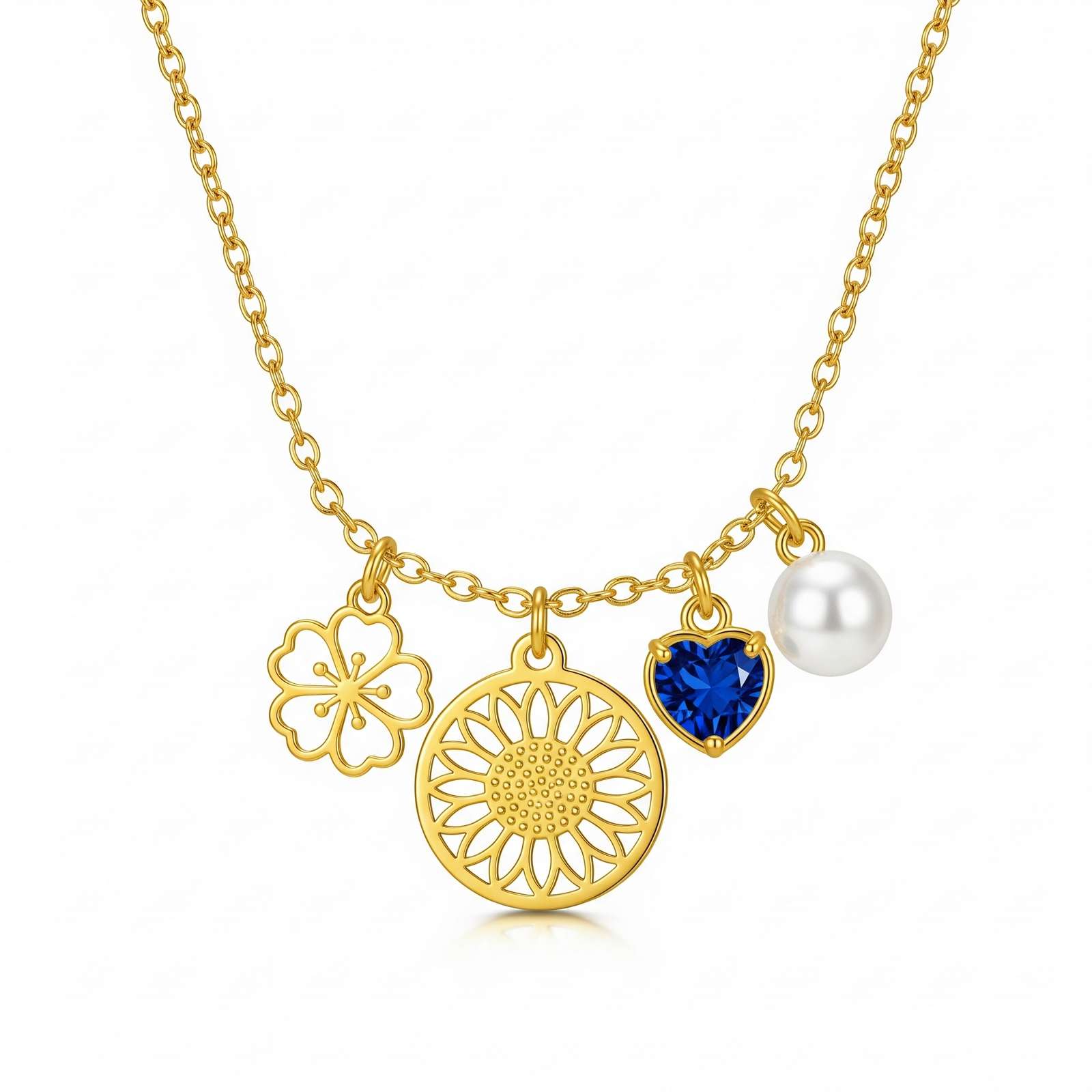 Dedicate Women's Gift Custom Birth Month Flower Birthstone Charm Necklace – Gold Sunflower Charm Necklace with Pearl and Sapphire Heart – Personalized Layered Gold Charm Pendant for Her