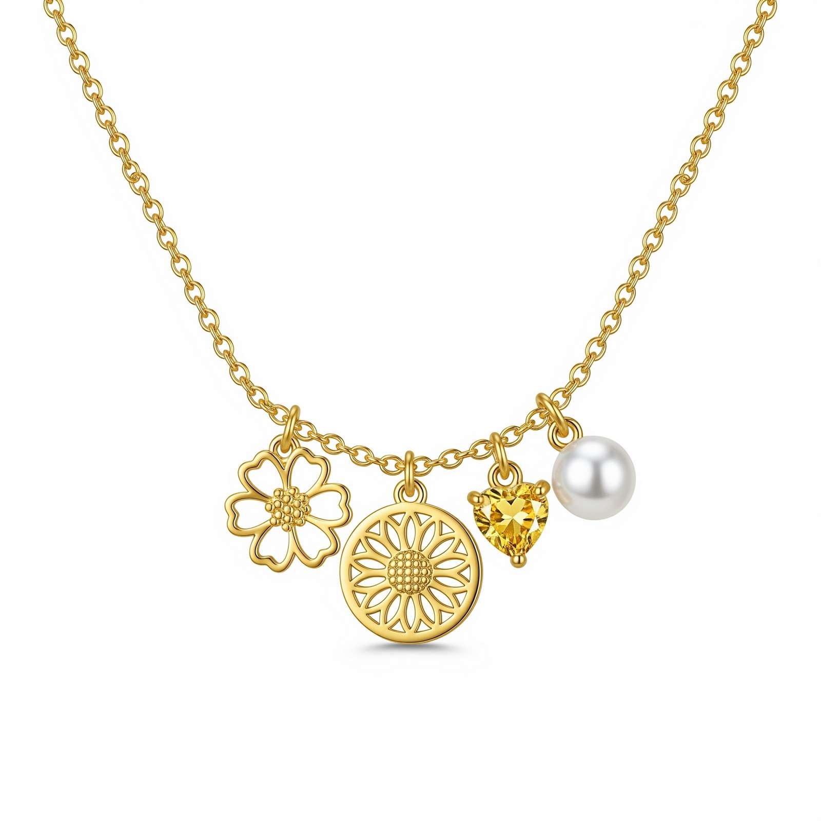 Dedicate Women's Gift Custom Birthstone Charm Necklace – Gold Flower Birth Month Necklace with Pearl & Personalized Daisy Heart Charm Pendant