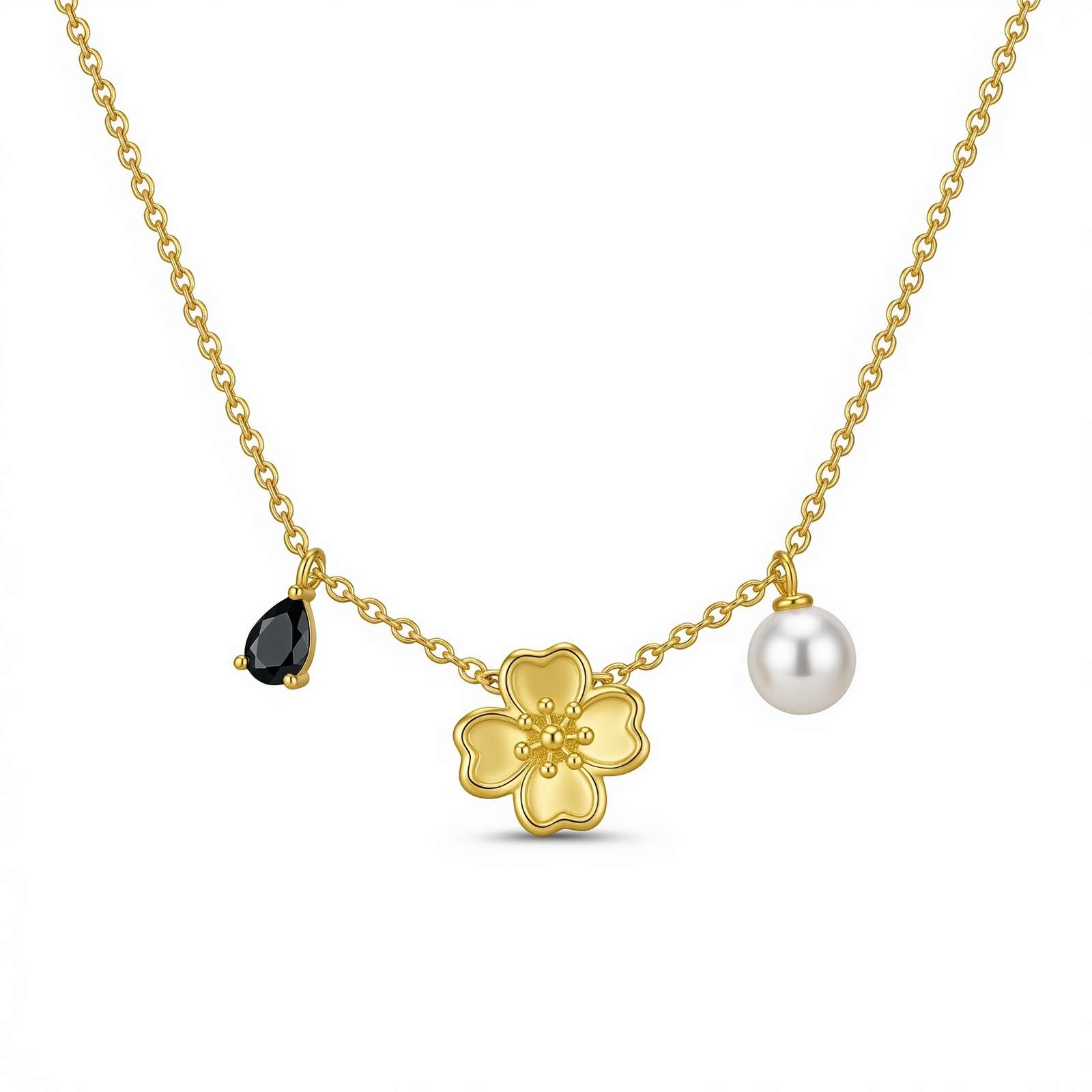 Dedicated women's custom flower necklace with birthstone charm necklace with pearl and black onyx, gold floral pendant jewelry gift