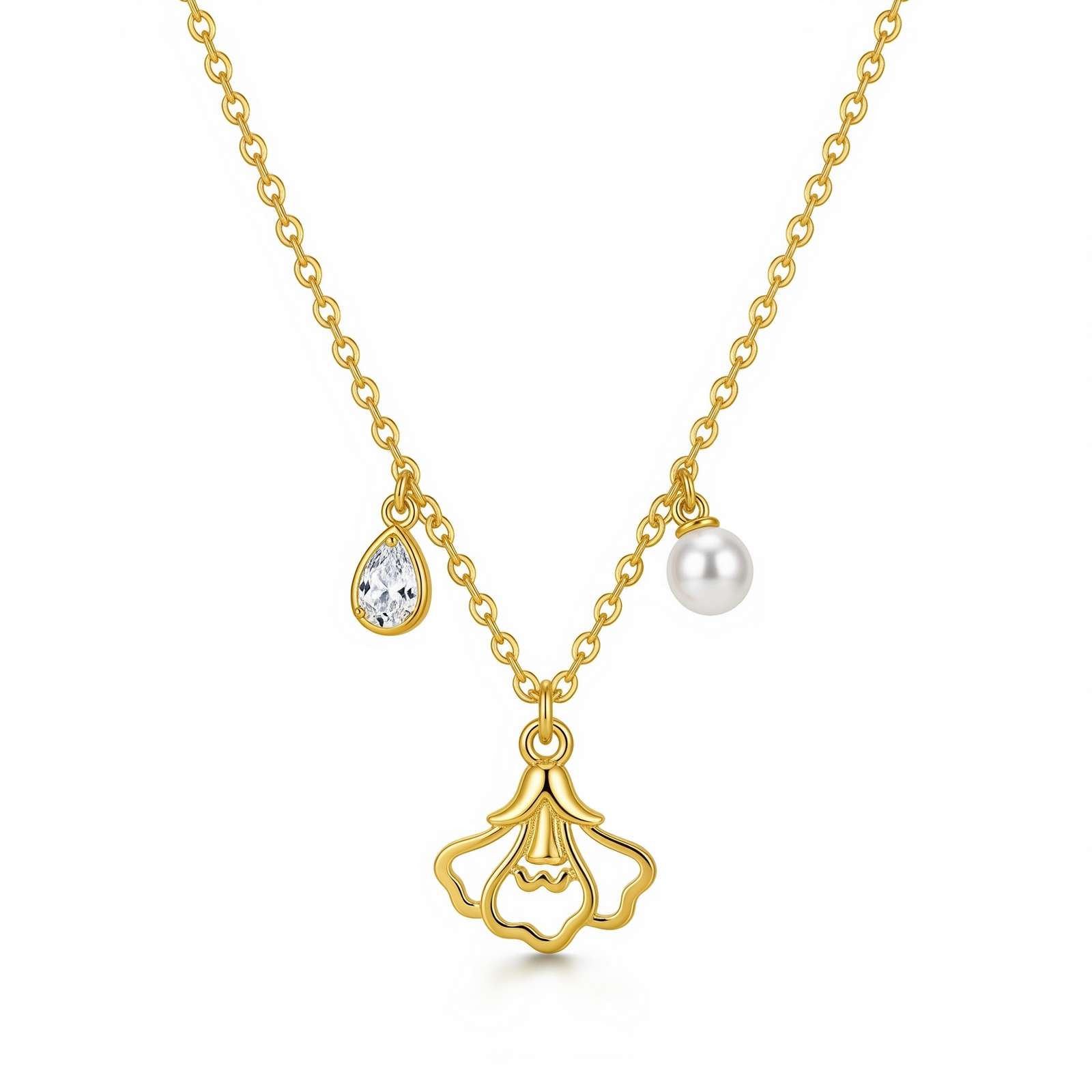 Dainty Gold Floral Pendant Necklace with Pearl and Crystal Charm – Personalized Birth Month Flower Necklace, Perfect Women's Gift