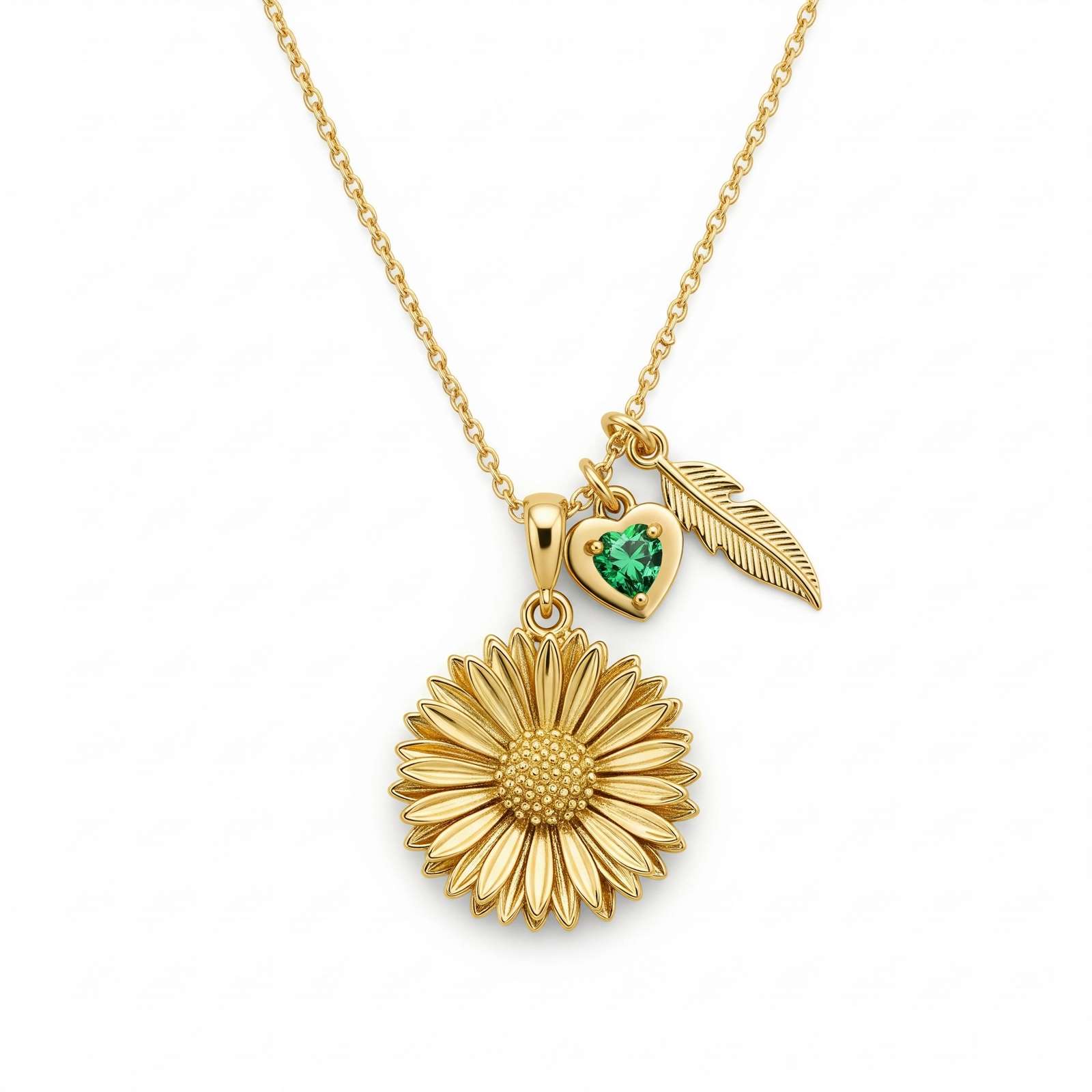 Gold Sunflower Birthstone Charm Necklace - Personalized Daisy Pendant with Emerald Heart Charm | Dedicate Women's Gift Custom Birth Flower Birthstone Necklace