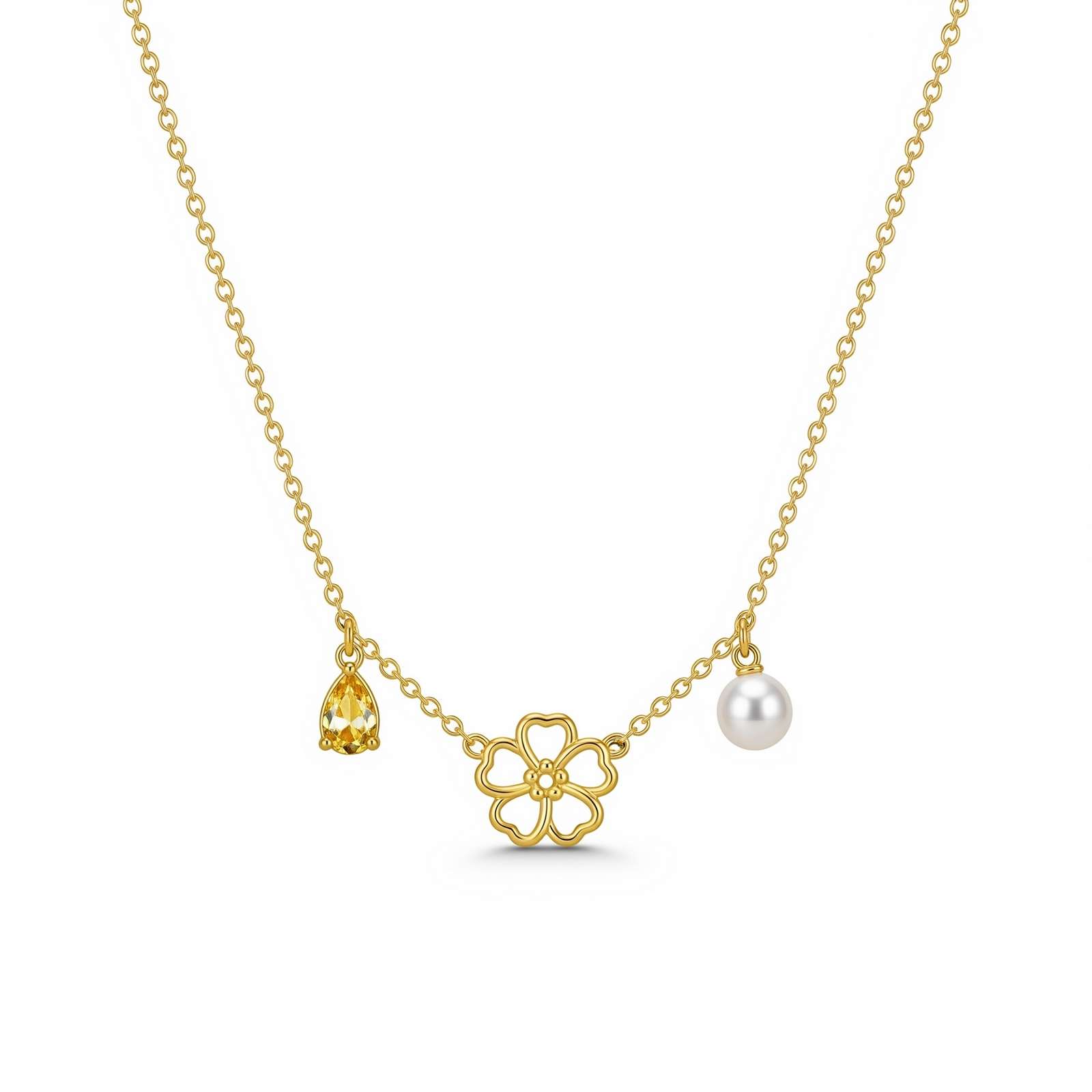 Dedicate Women's Gift Custom Birth Month Flower Necklace – Gold Floral Charm Necklace with Pearl and Citrine – Personalized Dainty Gold Birthstone Necklace