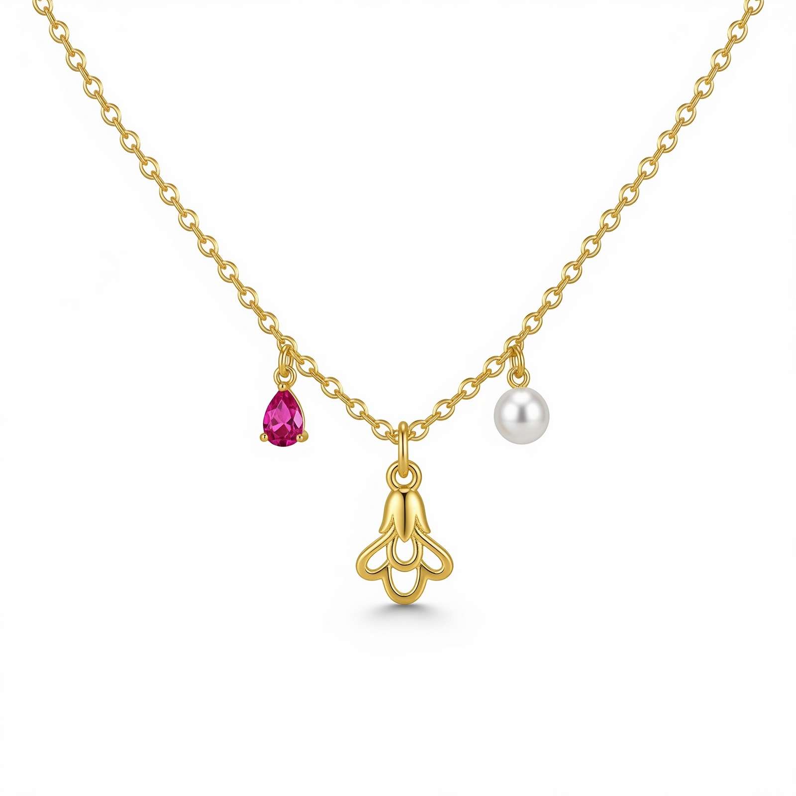 Dedicate Women's Gift Custom Birth Month Flower Necklace – Gold Charm Necklace with Pearl and Ruby – Personalized Floral Birthstone Pendant Jewelry