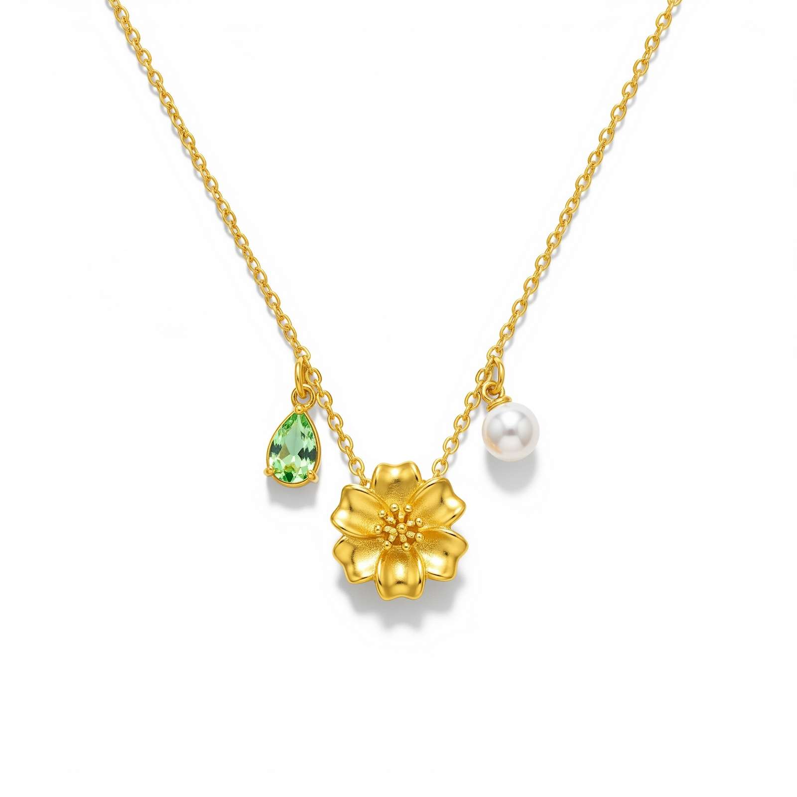 Dainty Pearl and Green Gemstone Necklace with Gold Floral Birthstone Charm Pendant – A Custom Birth Flower Necklace, the Perfect Dedicate Women's Gift