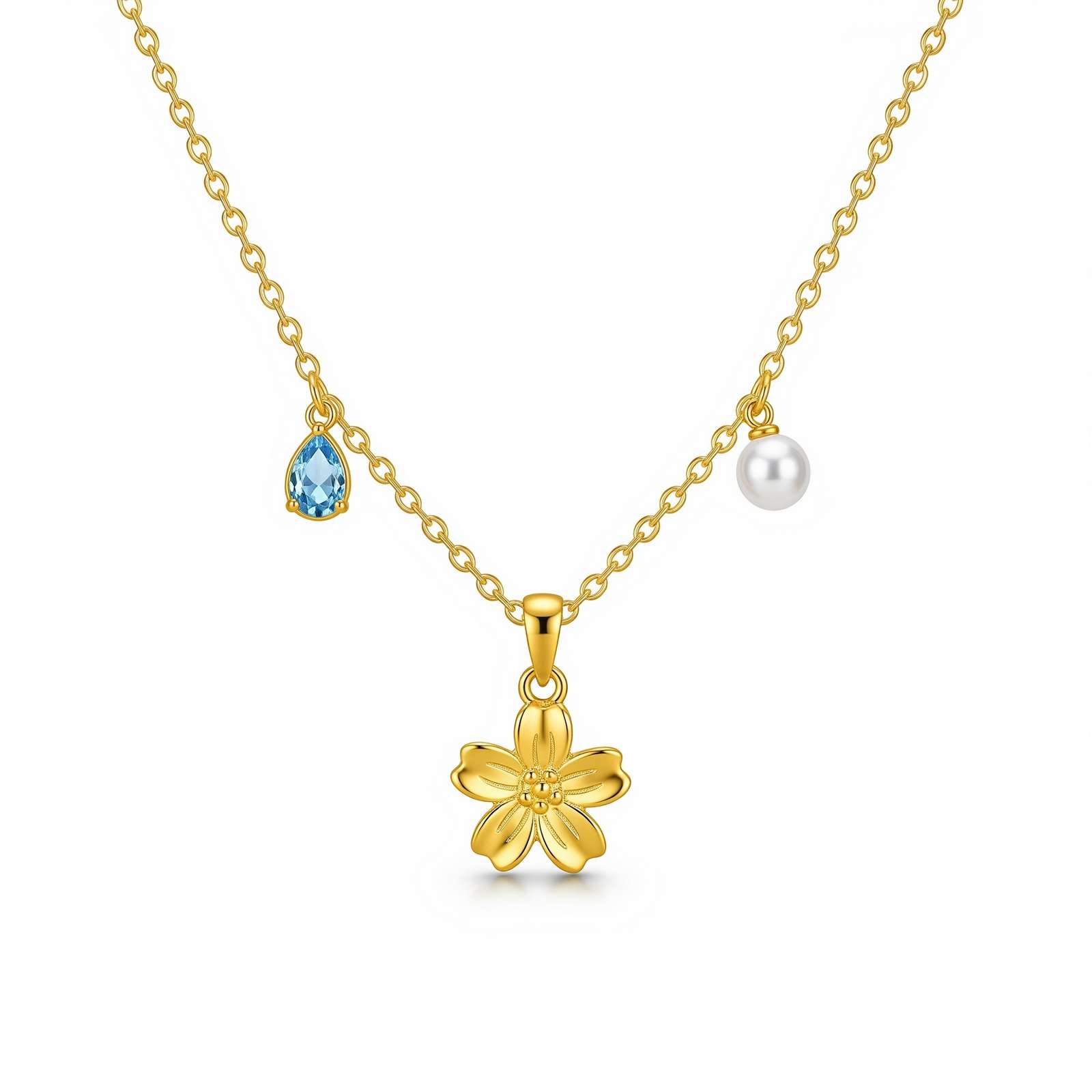 Custom Birth Flower Necklace for Women - Gold Flower Charm with Birthstone and Dainty Pearl Pendant