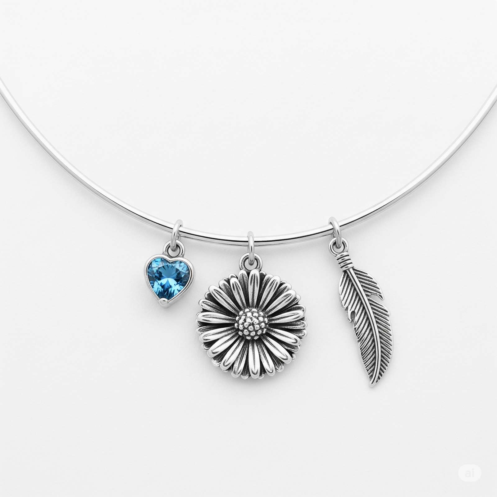 Dedicate Women's Gift Custom Birth Month Flower Birthstone Charm Necklace – Sterling Silver Daisy Feather Heart Charm Necklace – Personalized Birthstone Flower Pendant Jewelry