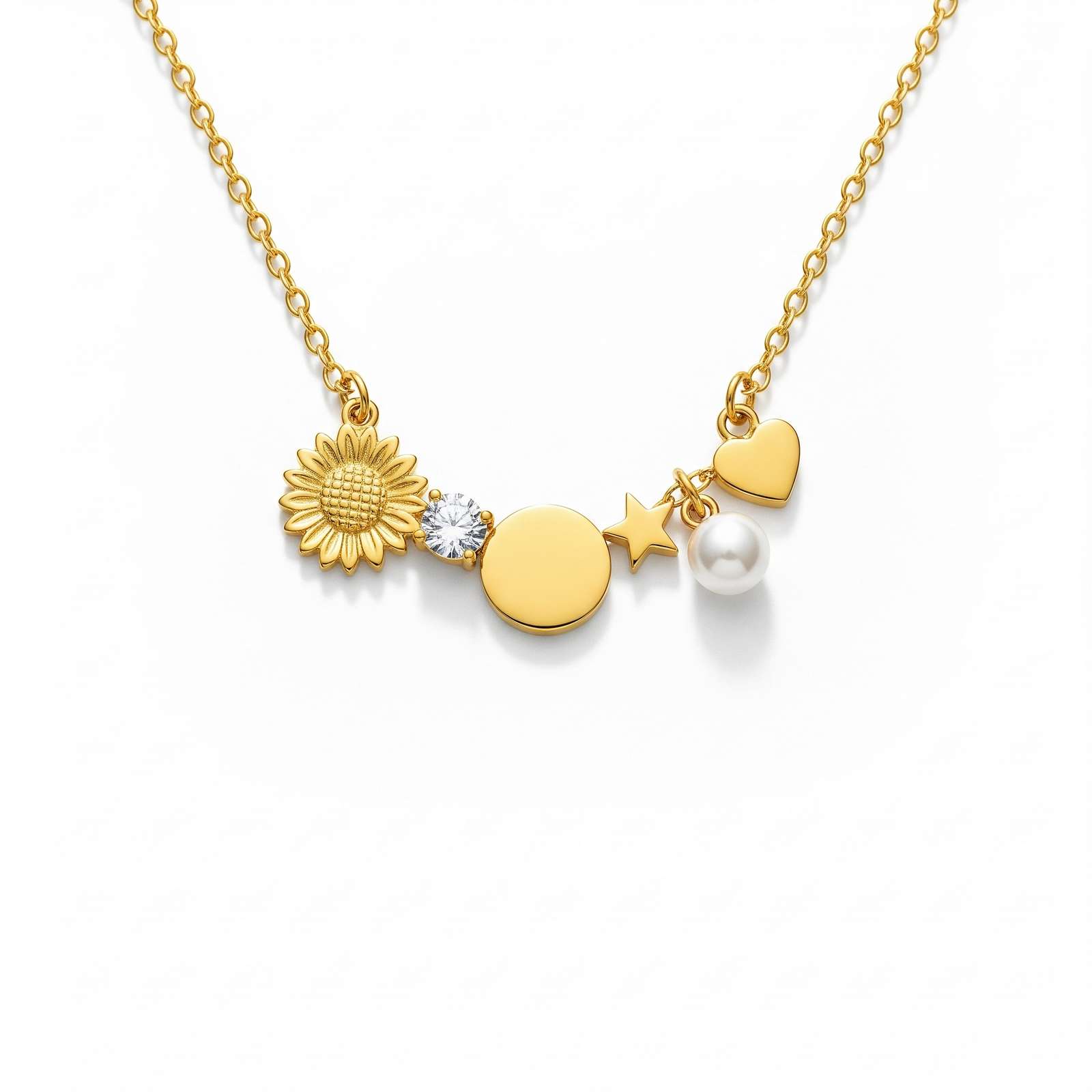 Dedicate Women's Gift Custom Birth Month Flower Necklace – Gold Charm Necklace with Pearl and Star – Sunflower Birthstone Pendant for Her