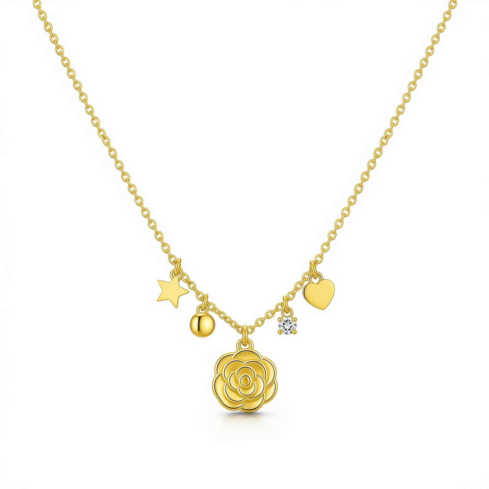 Gold Flower Charm Necklace for Women – Custom Birth Month Floral Pendant with Heart, Star & Bell – Dainty Heart Star Floral Pendant Necklace – Dedicate Women’s Gift Custom Birth Month Flower Charm Necklace
