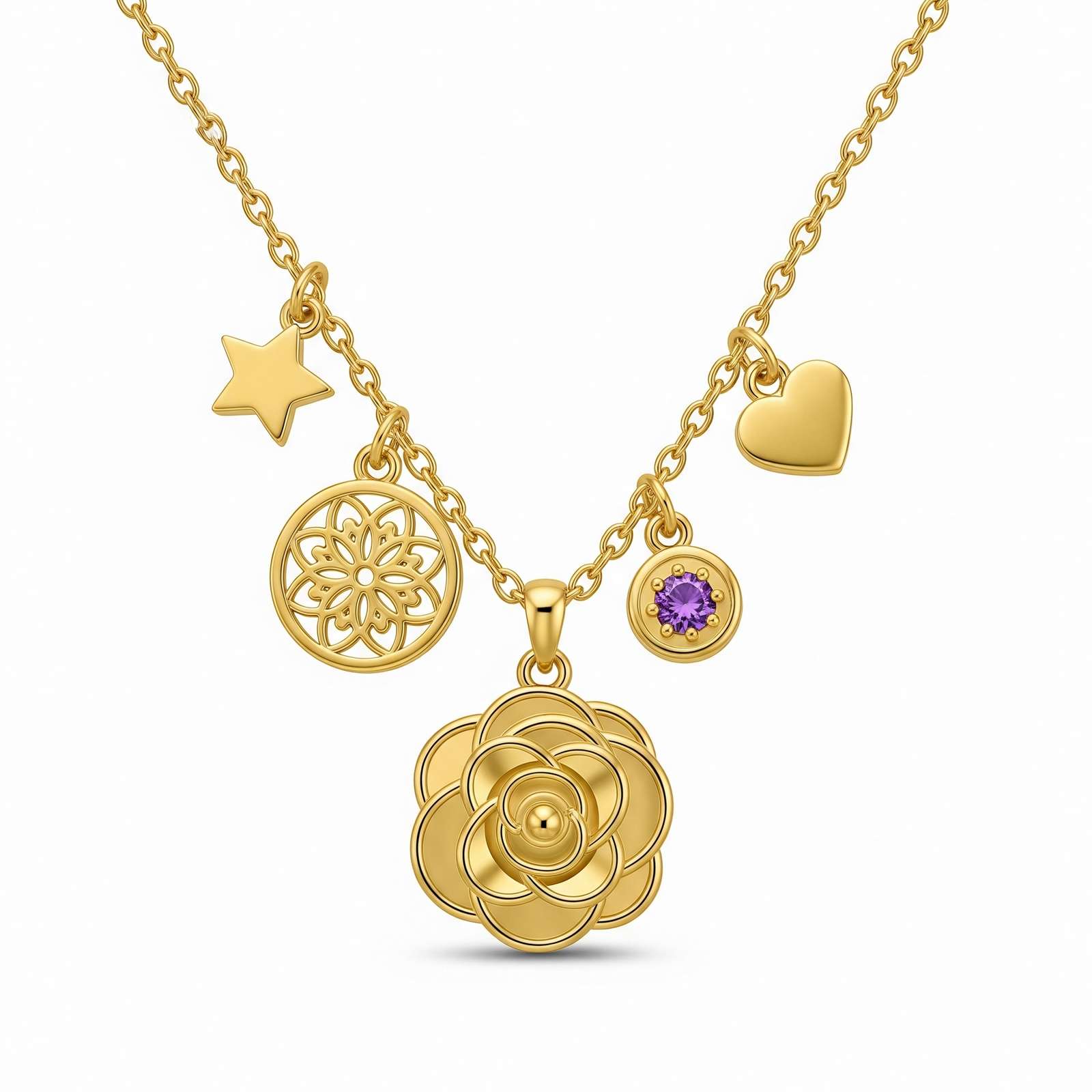 Dedicate Women's Gift Custom Birthstone Flower Charm Necklace – Gold Layered Charm Necklace with Flower and Birthstone – Personalized Gold Necklace for Women with Star Heart Floral Charms